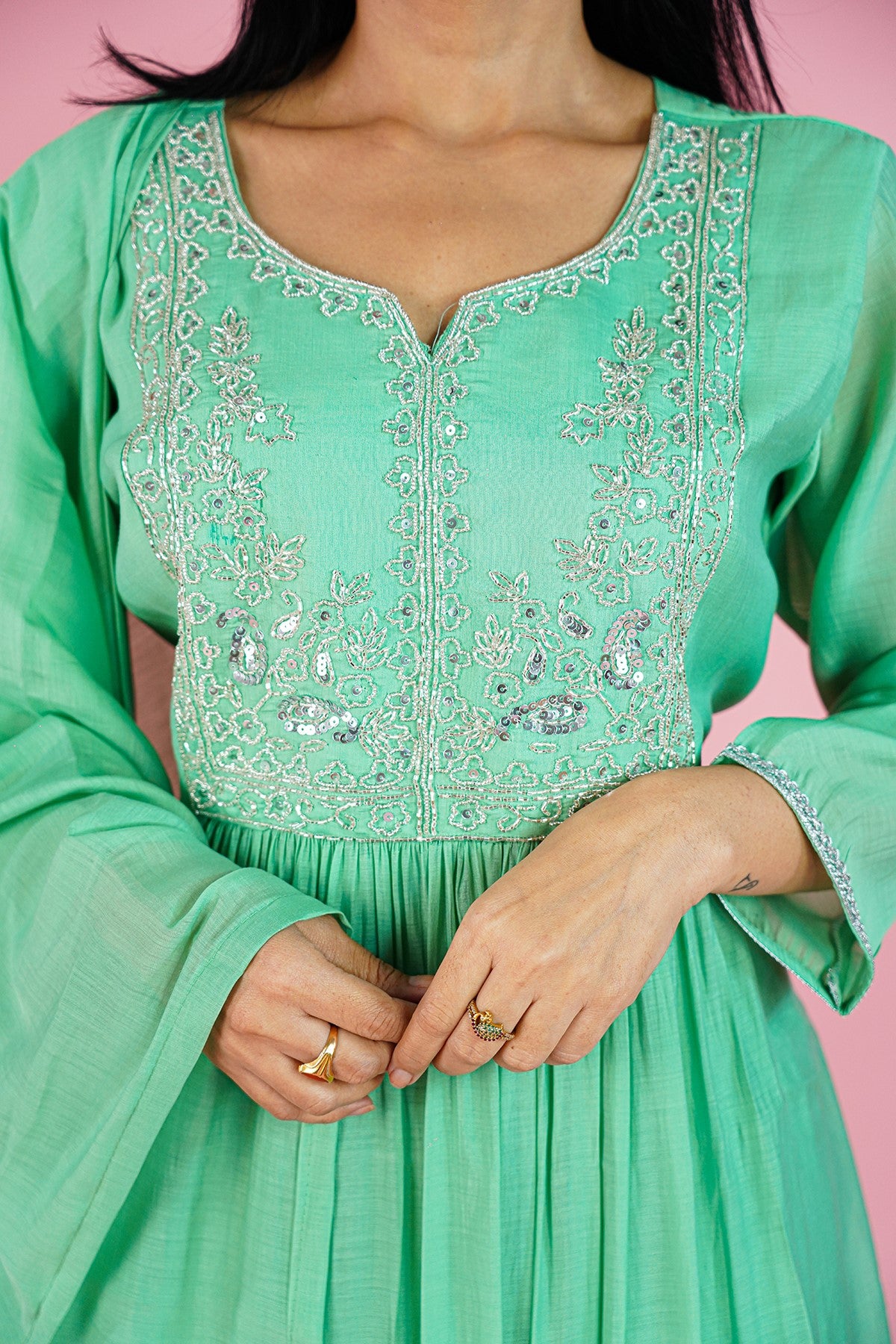 Mul Chanderi Solid Sea Green Kurti Set With Dupatta