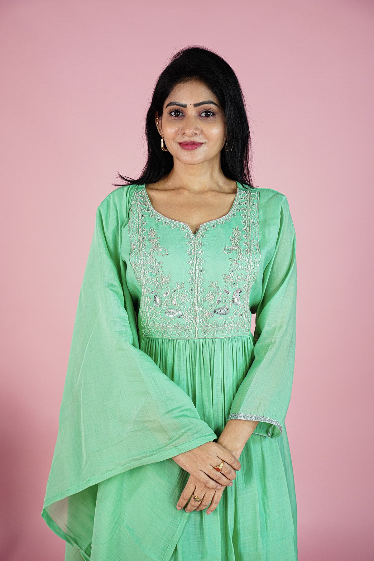 Mul Chanderi Solid Sea Green Kurti Set With Dupatta