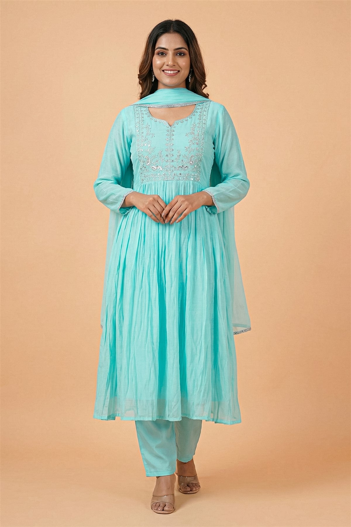 Mul Chanderi Solid Turquoise Blue Kurti Set With Dupatta