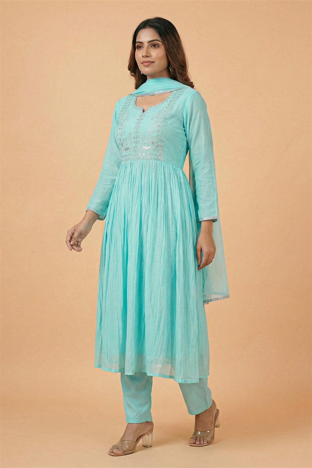 Mul Chanderi Solid Turquoise Blue Kurti Set With Dupatta
