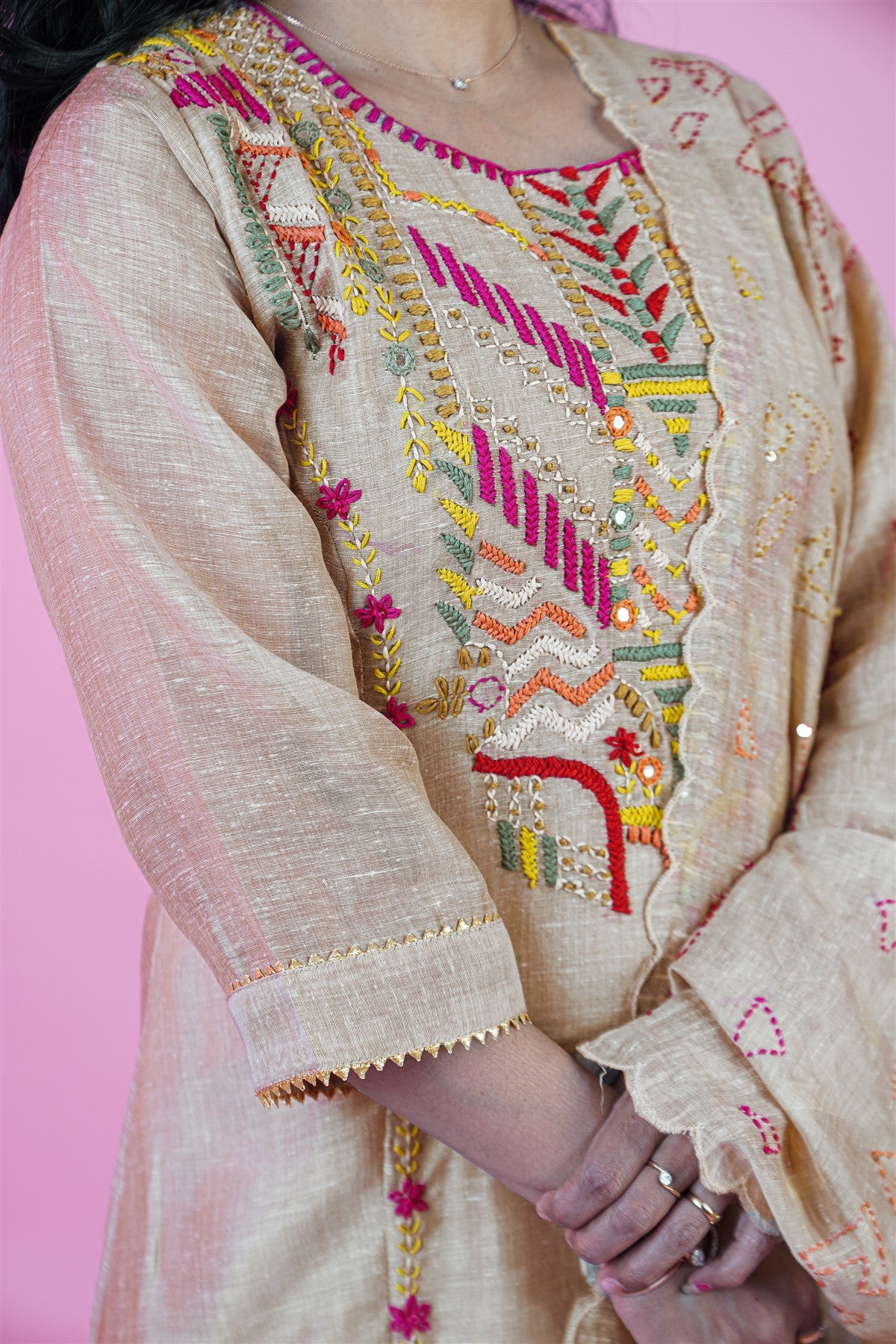 Linen Embroidery Beige Kurti Set With Dupatta