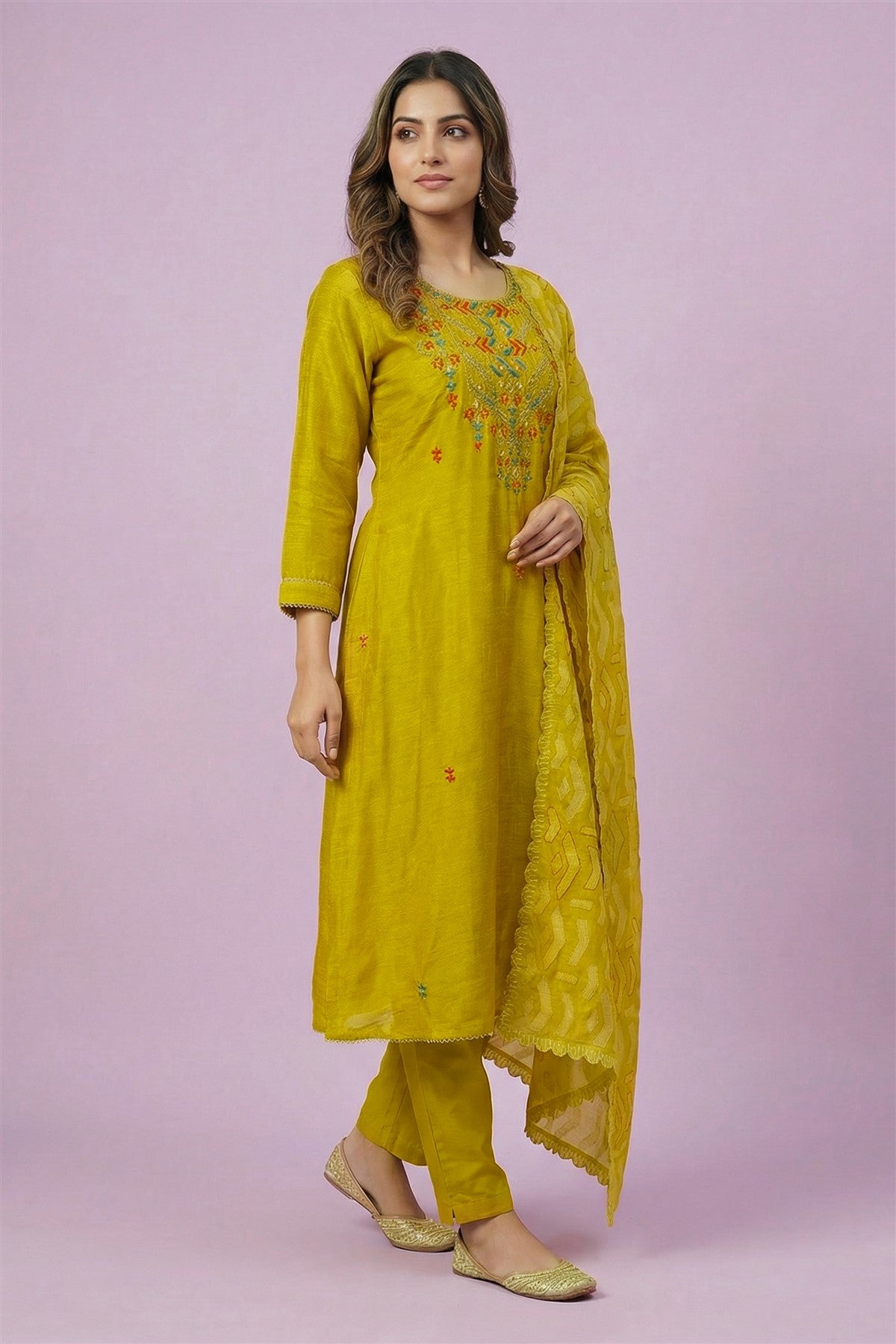 Linen Solid Mustard Yellow Kurti Set With Dupatta