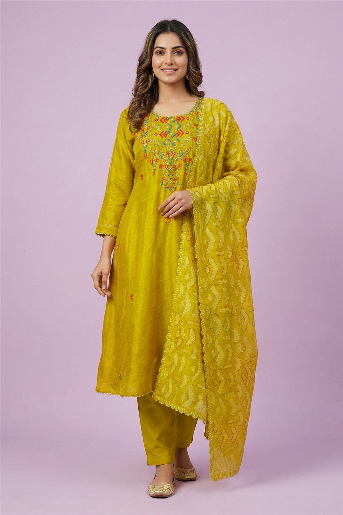 Linen Solid Mustard Yellow Kurti Set With Dupatta