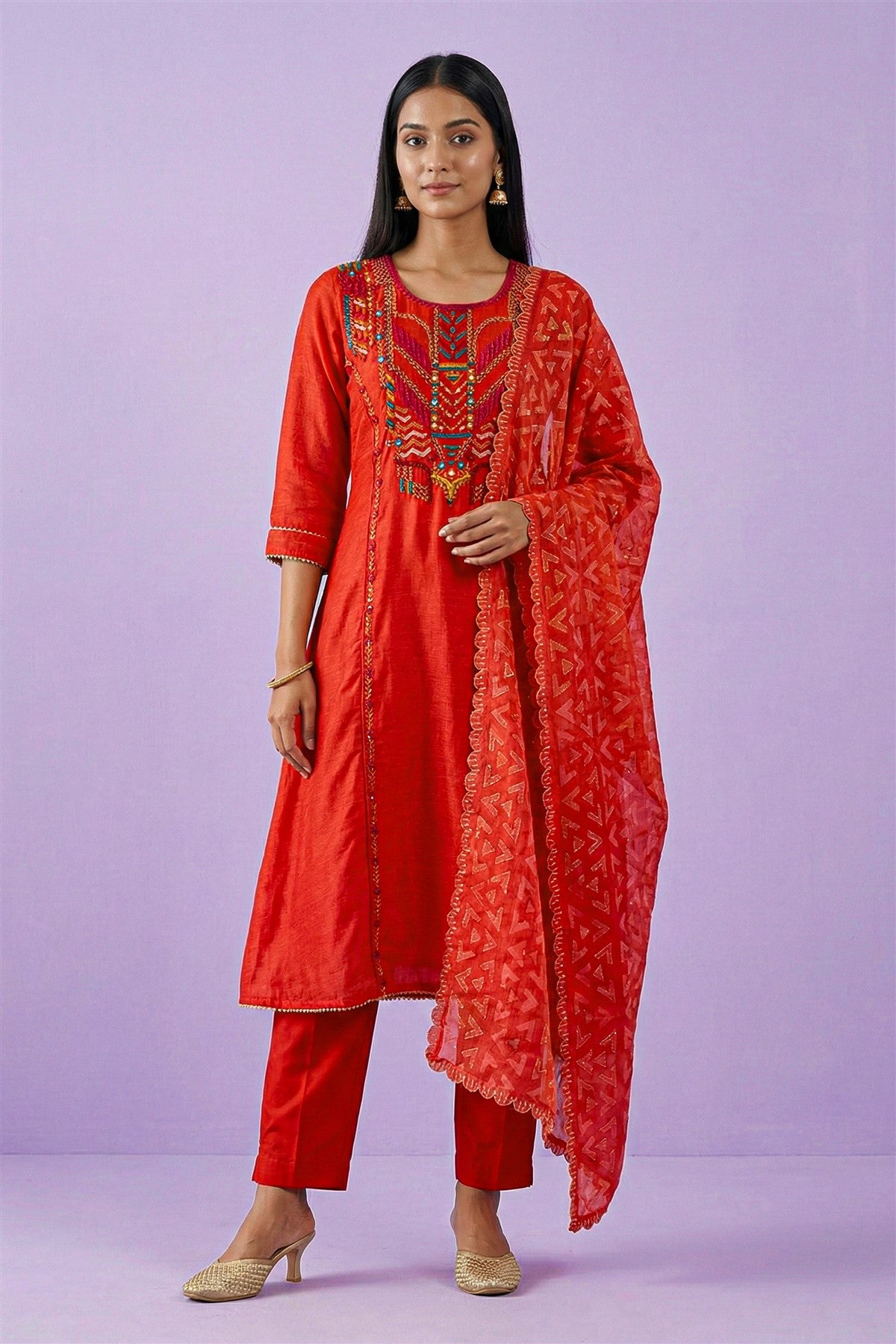 Linen Embroidered Red Kurti Set With Dupatta