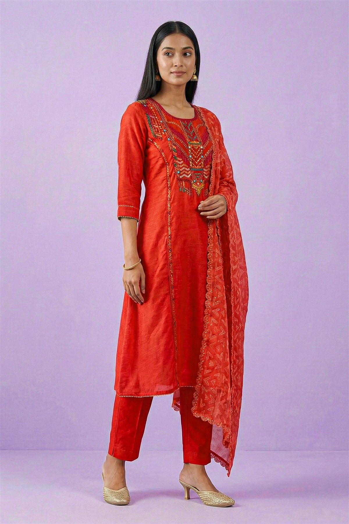 Linen Embroidered Red Kurti Set With Dupatta