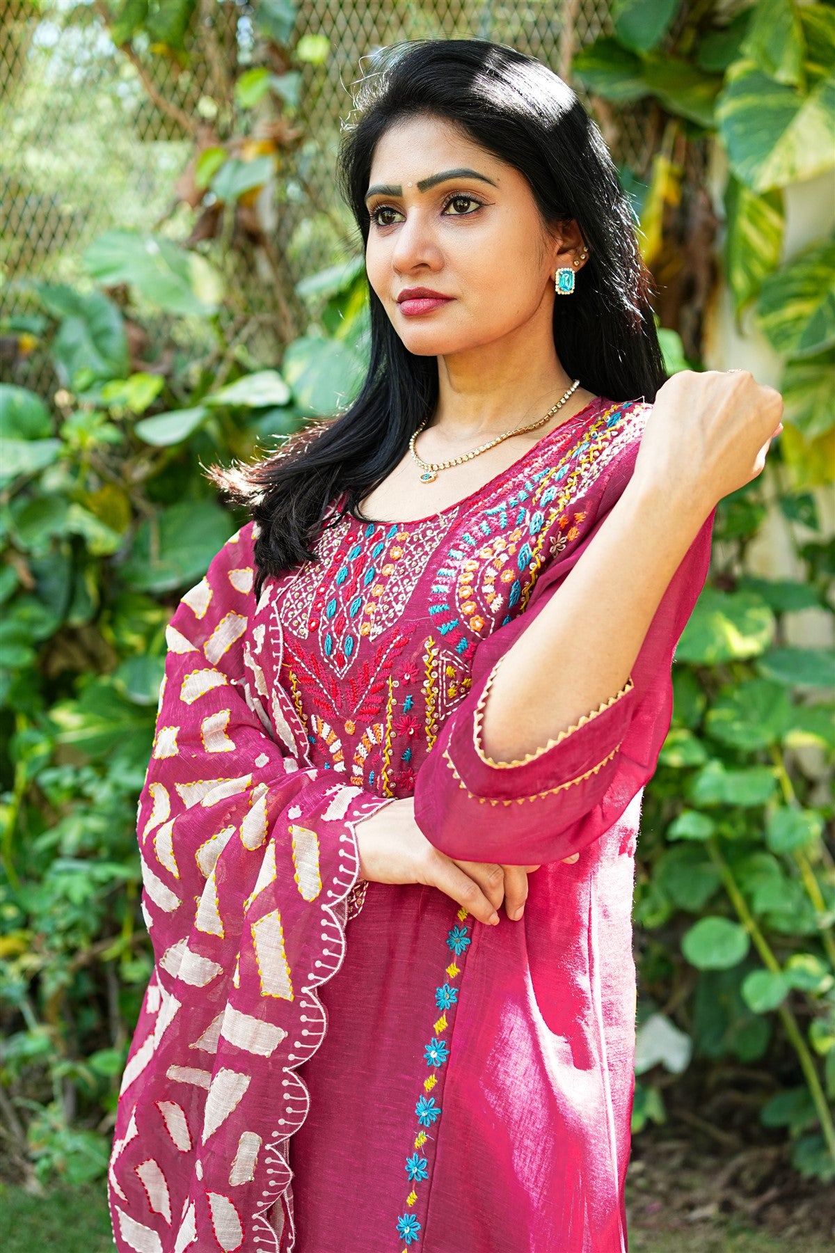 Linen Embroidery Magenta Kurti Set With Dupatta