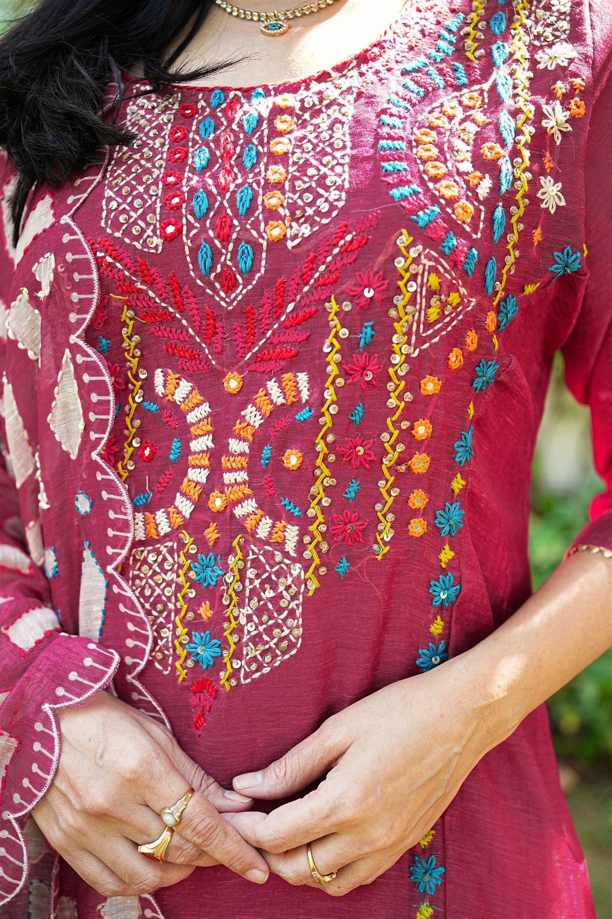 Linen Embroidery Magenta Kurti Set With Dupatta