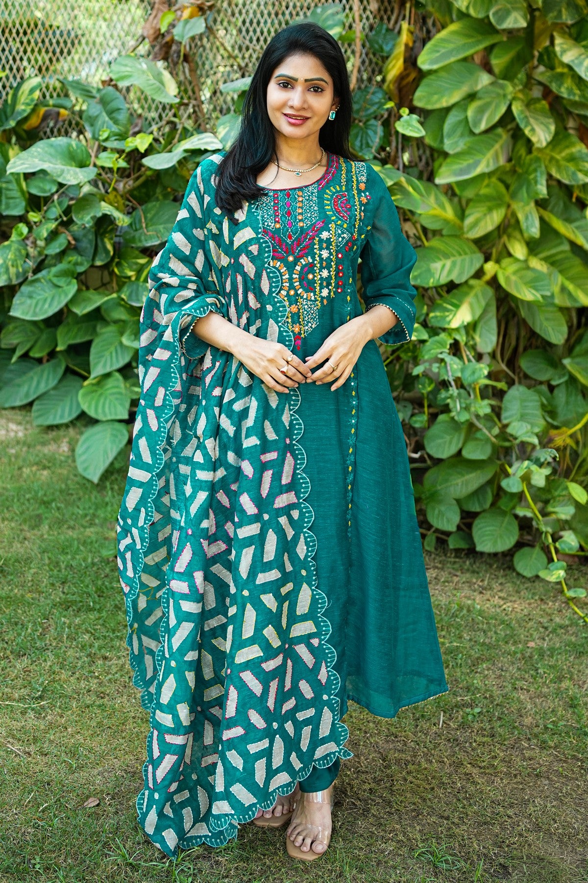 Linen Solid Teal Green Kurti Set With Dupatta