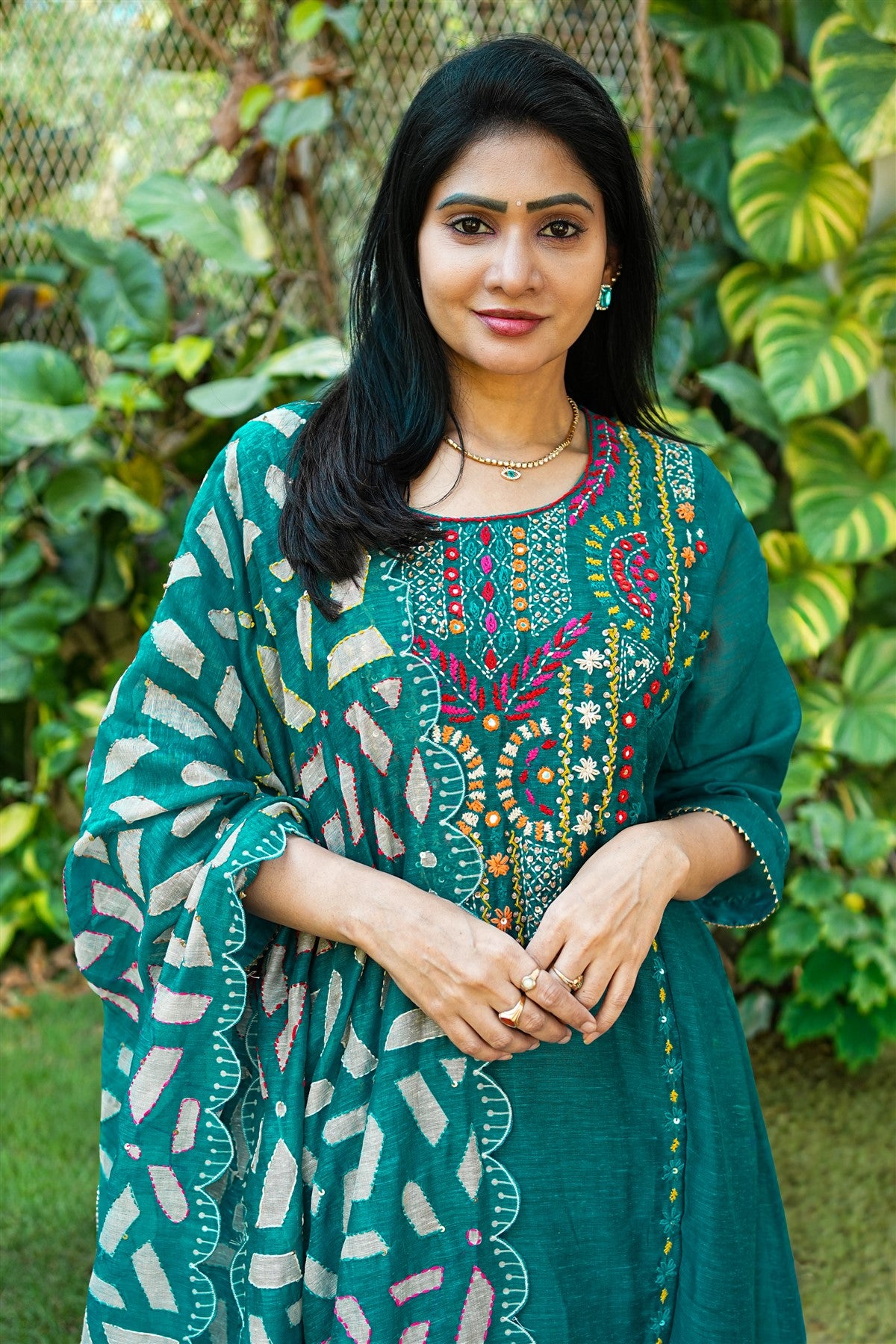 Linen Solid Teal Green Kurti Set With Dupatta