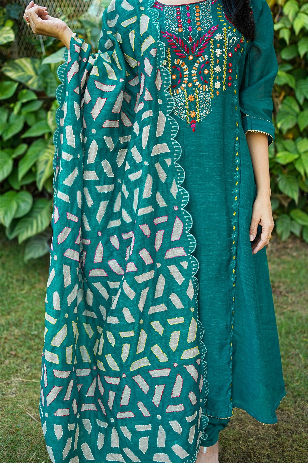 Linen Solid Teal Green Kurti Set With Dupatta