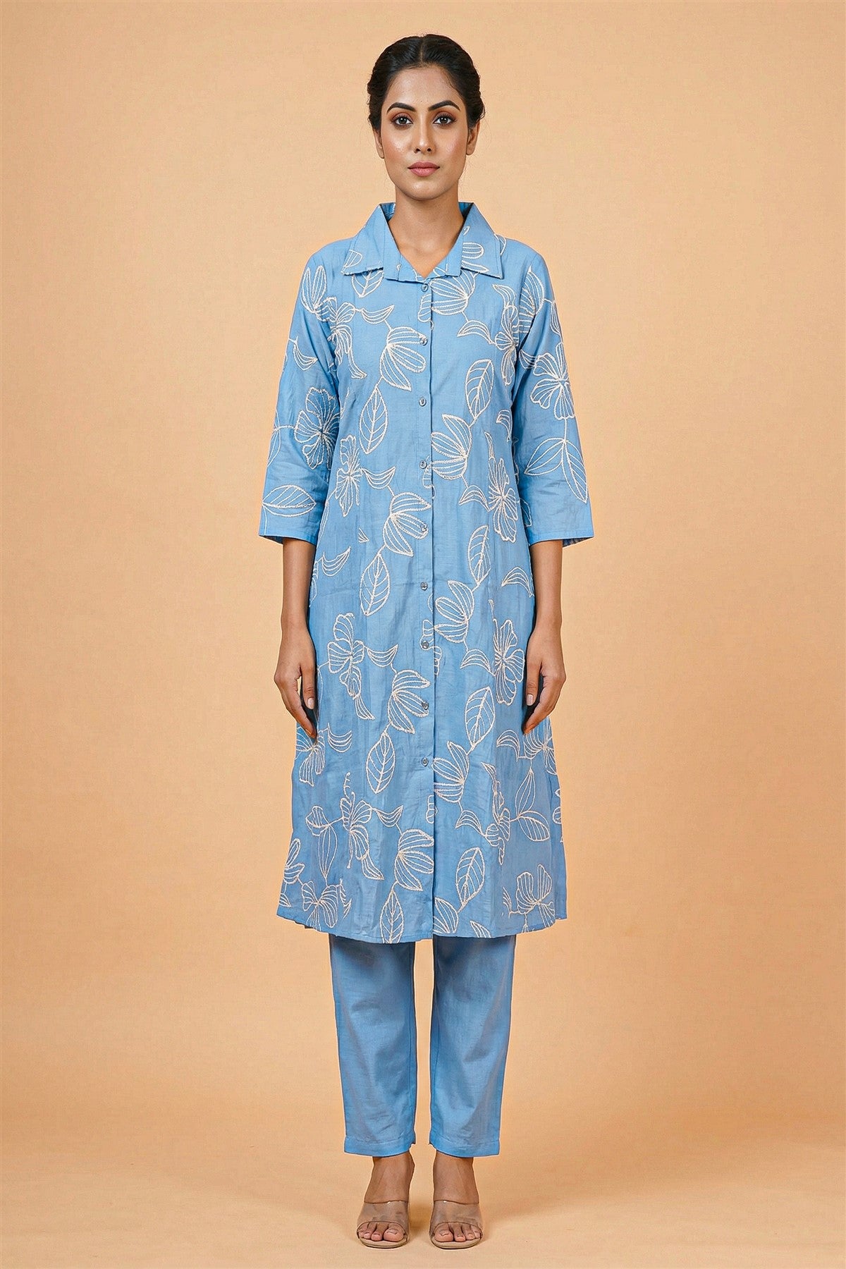 Silk Embroidered Blue Kurti Set
