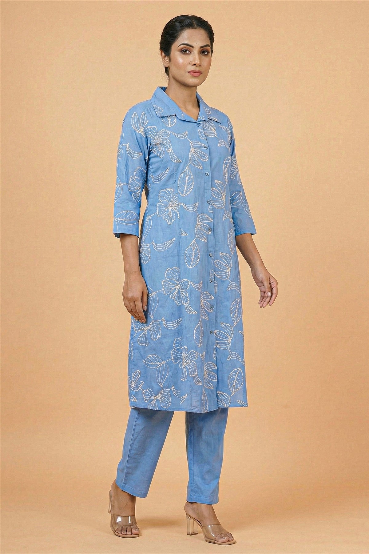 Silk Embroidered Blue Kurti Set