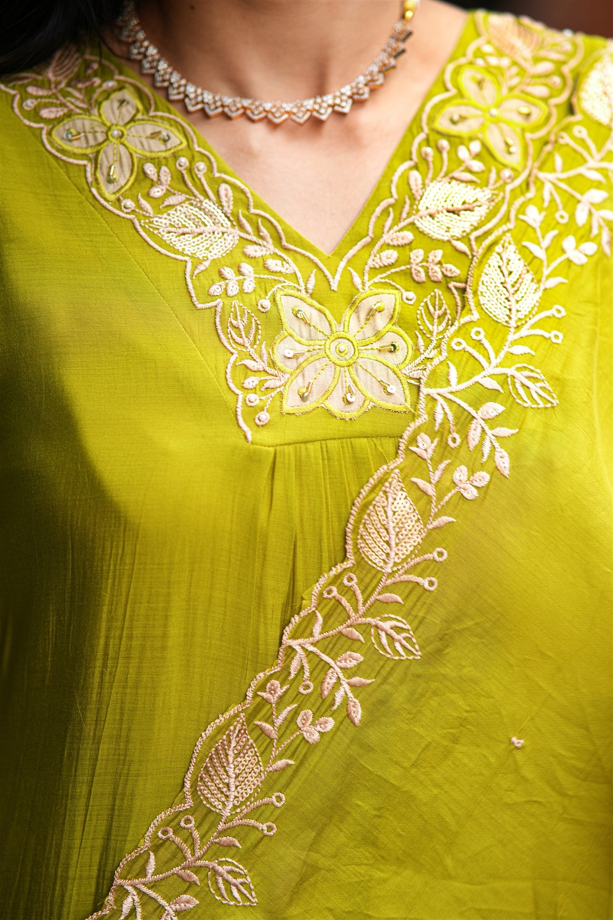 Silk Embroidered Lime Green Kurti Set With Dupatta