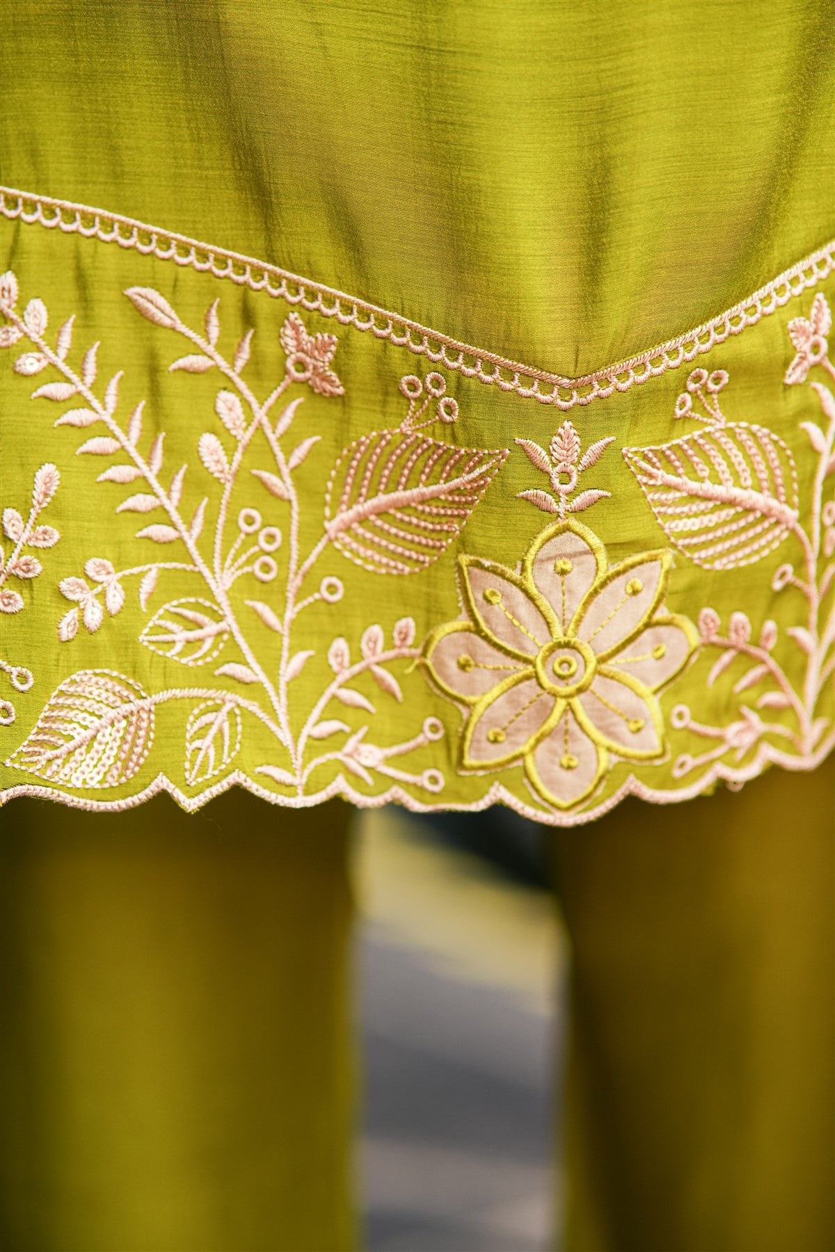 Silk Embroidered Lime Green Kurti Set With Dupatta