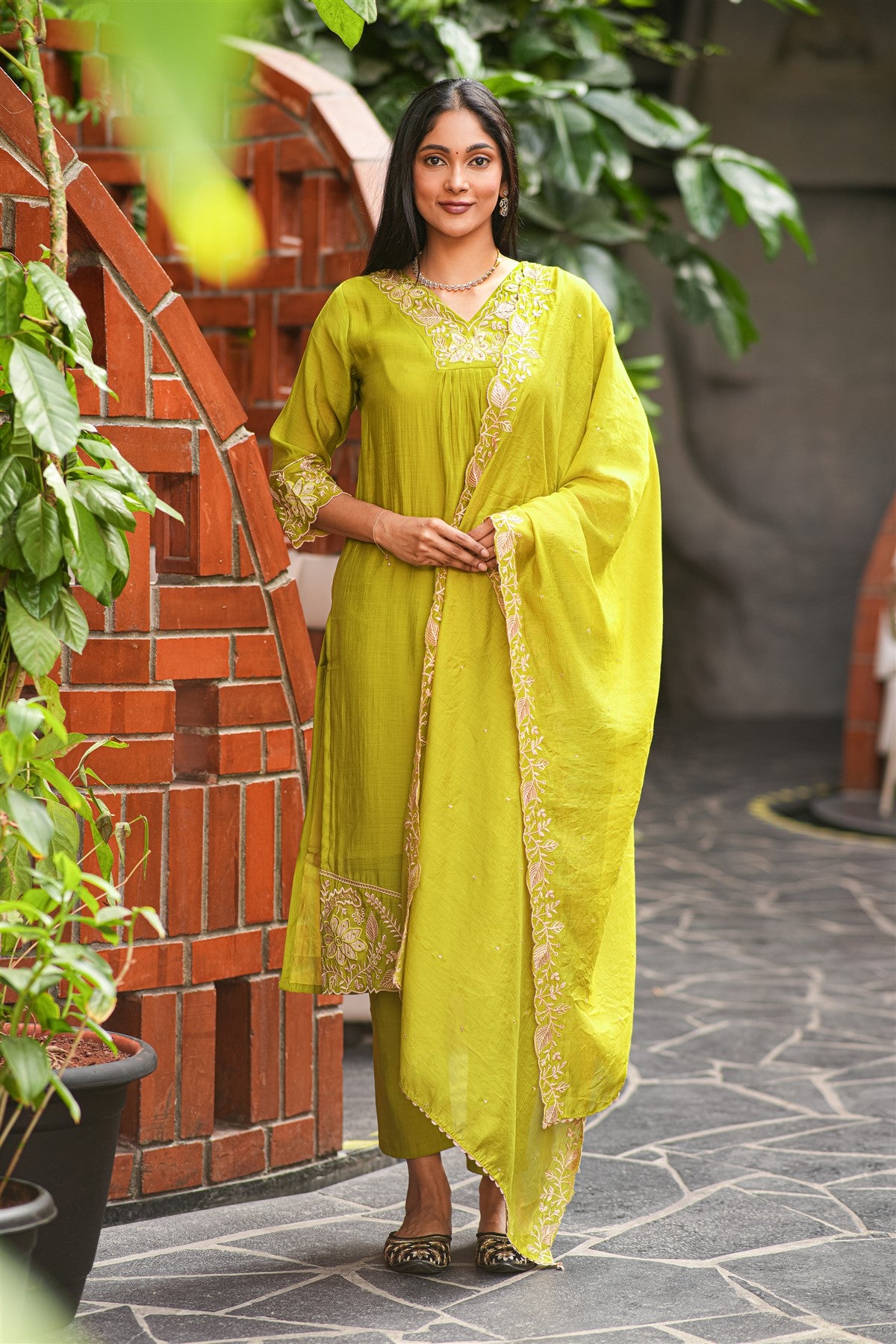 Silk Embroidered Lime Green Kurti Set With Dupatta