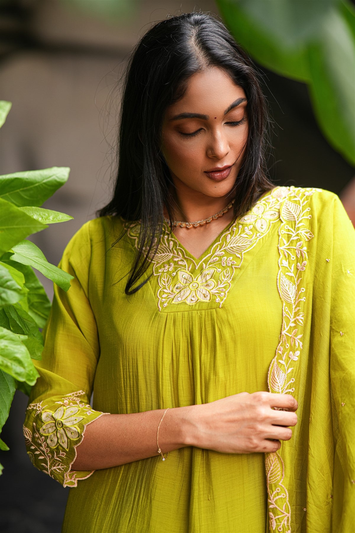 Silk Embroidered Lime Green Kurti Set With Dupatta