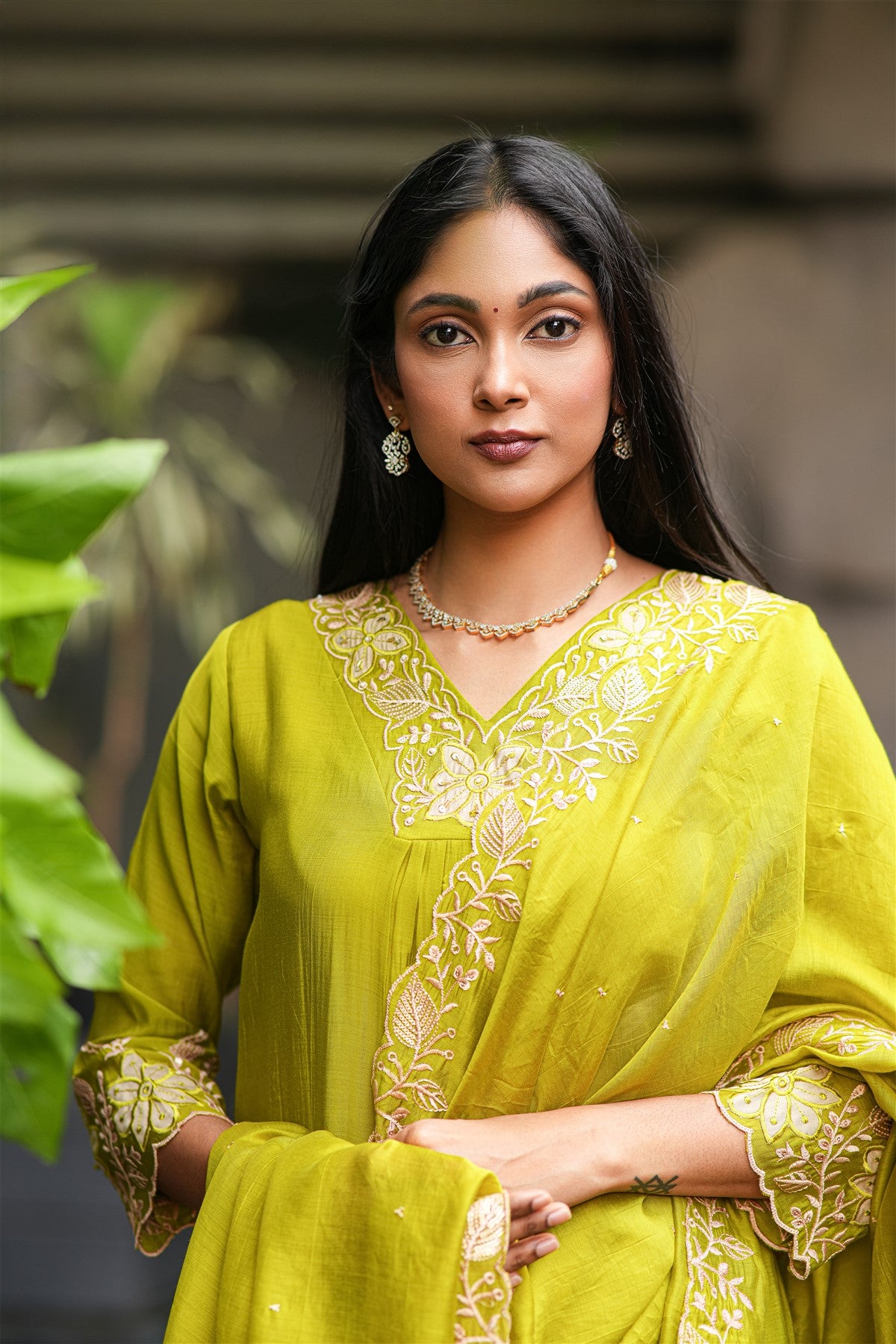 Silk Embroidered Lime Green Kurti Set With Dupatta