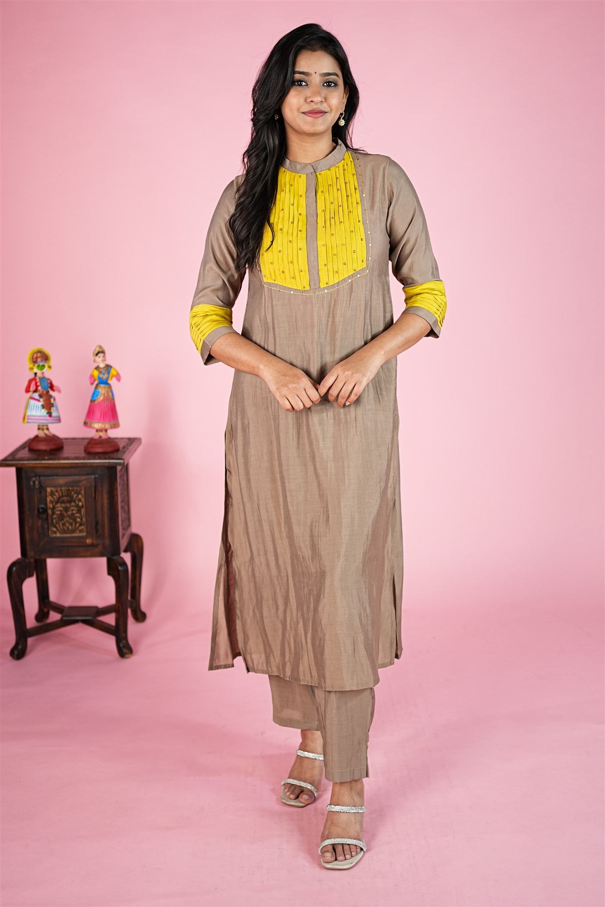 Silk Solid Beige Kurti Set