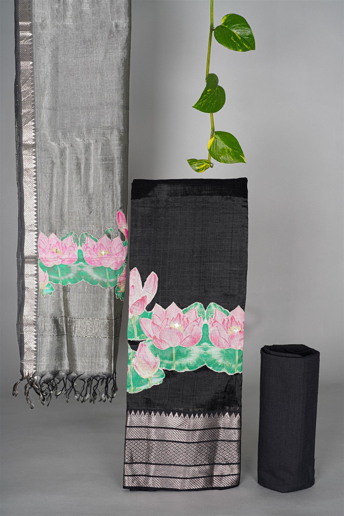 Chanderi Black Lotus Patchwork Dress Material
