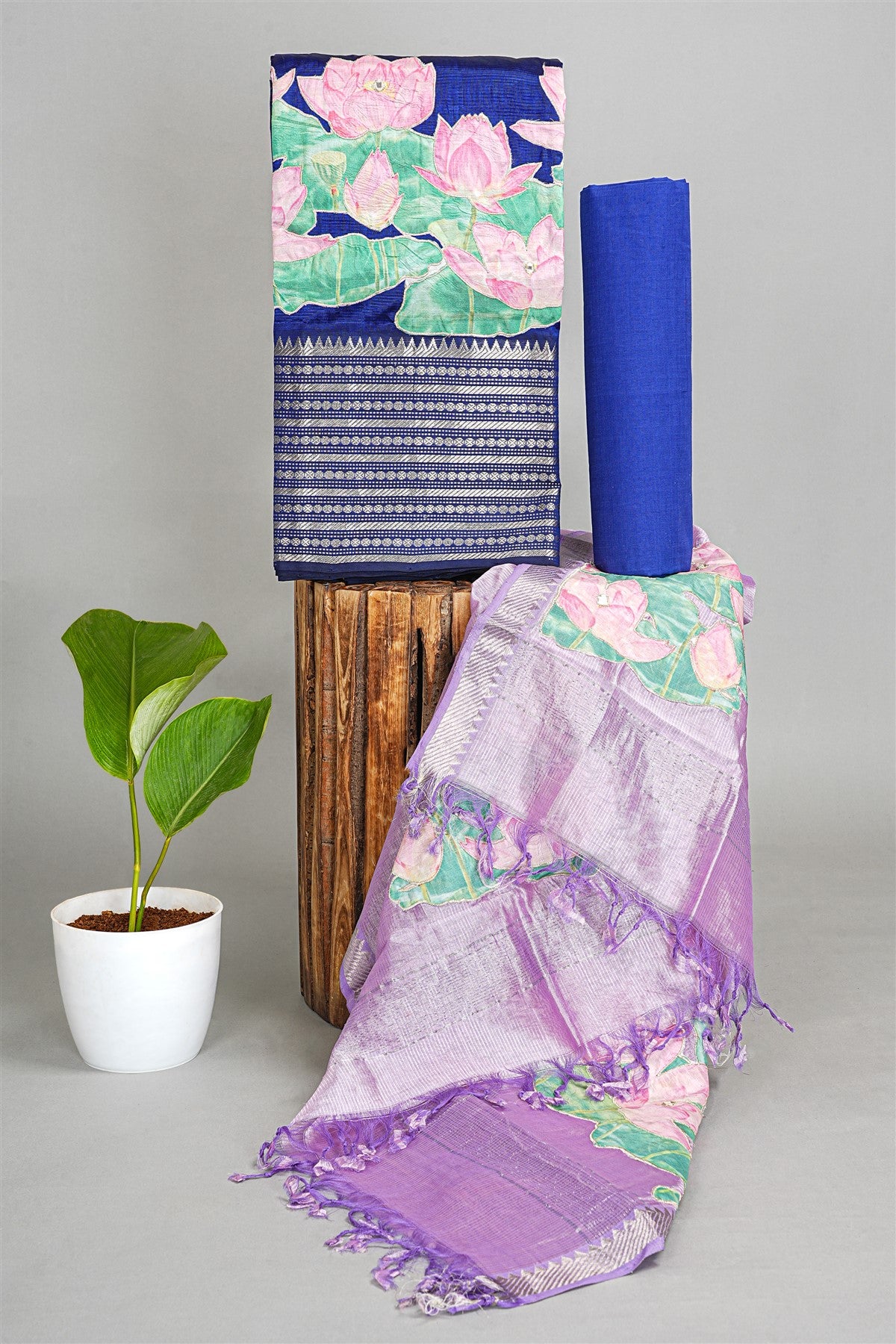 Chanderi Blue Lotus Painted Dress Material