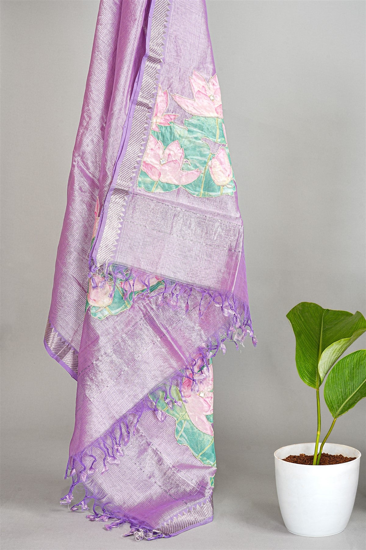 Chanderi Blue Lotus Painted Dress Material
