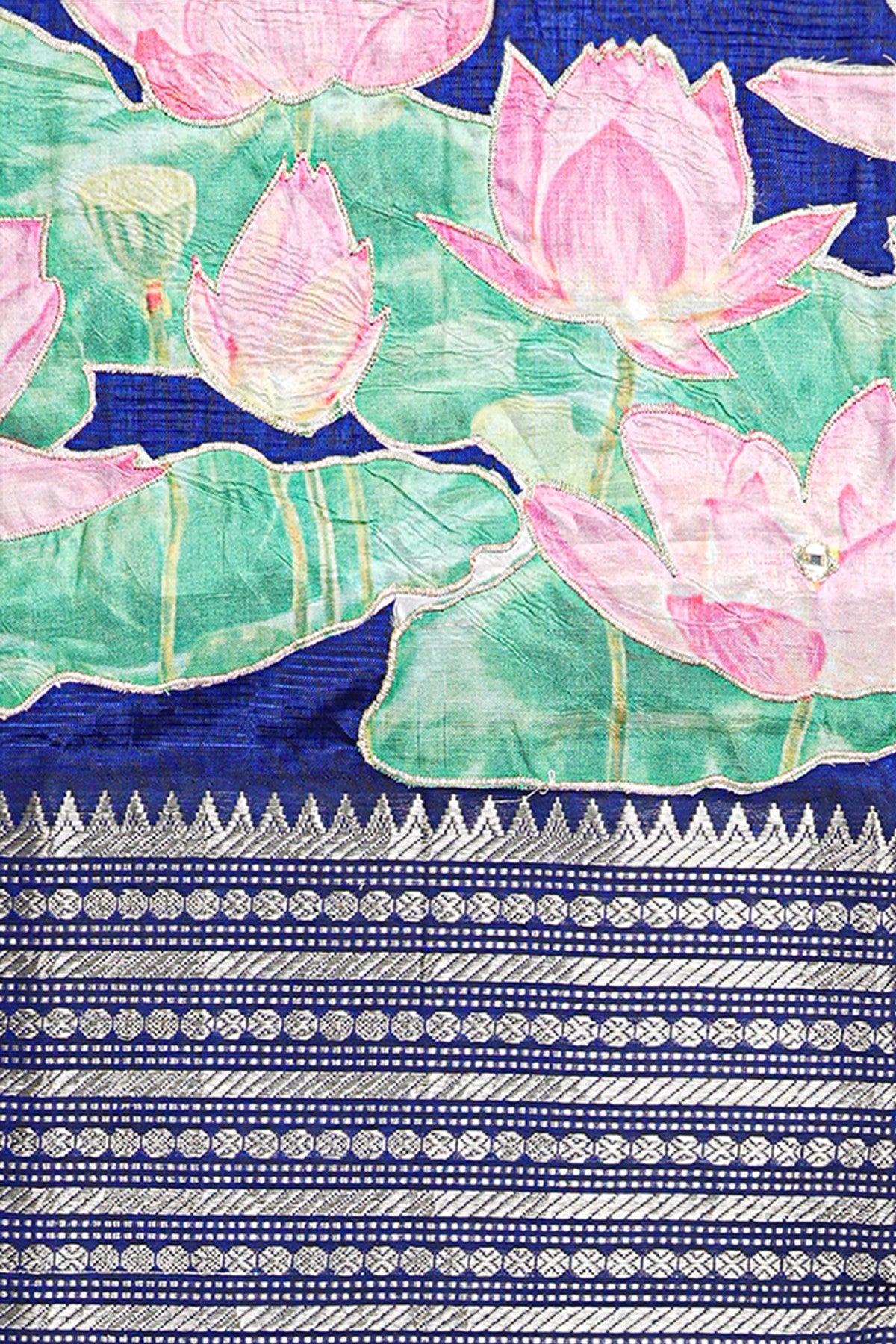 Chanderi Blue Lotus Painted Dress Material