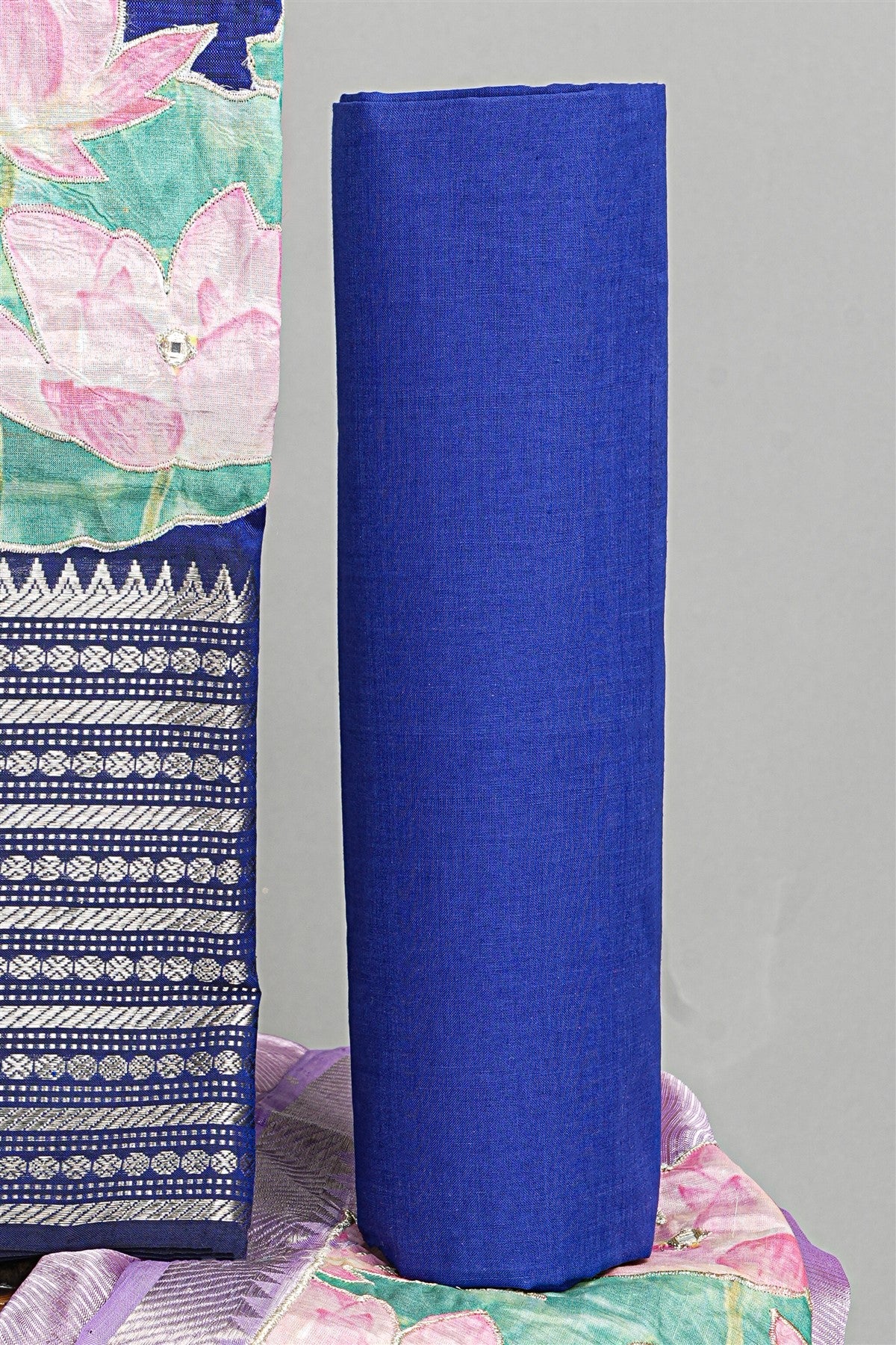 Chanderi Blue Lotus Painted Dress Material
