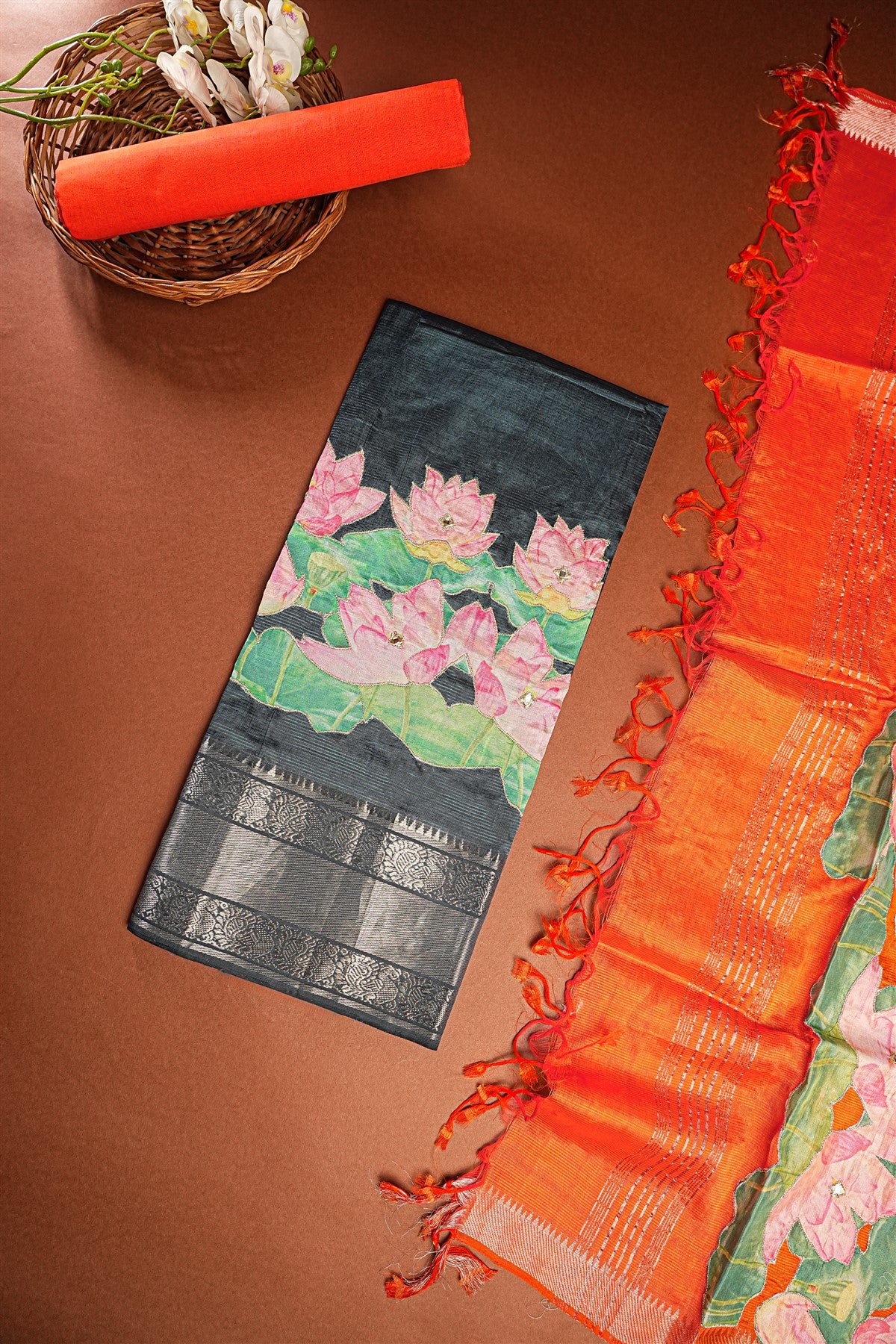 Chanderi Grey Lotus Painted  Dress Material