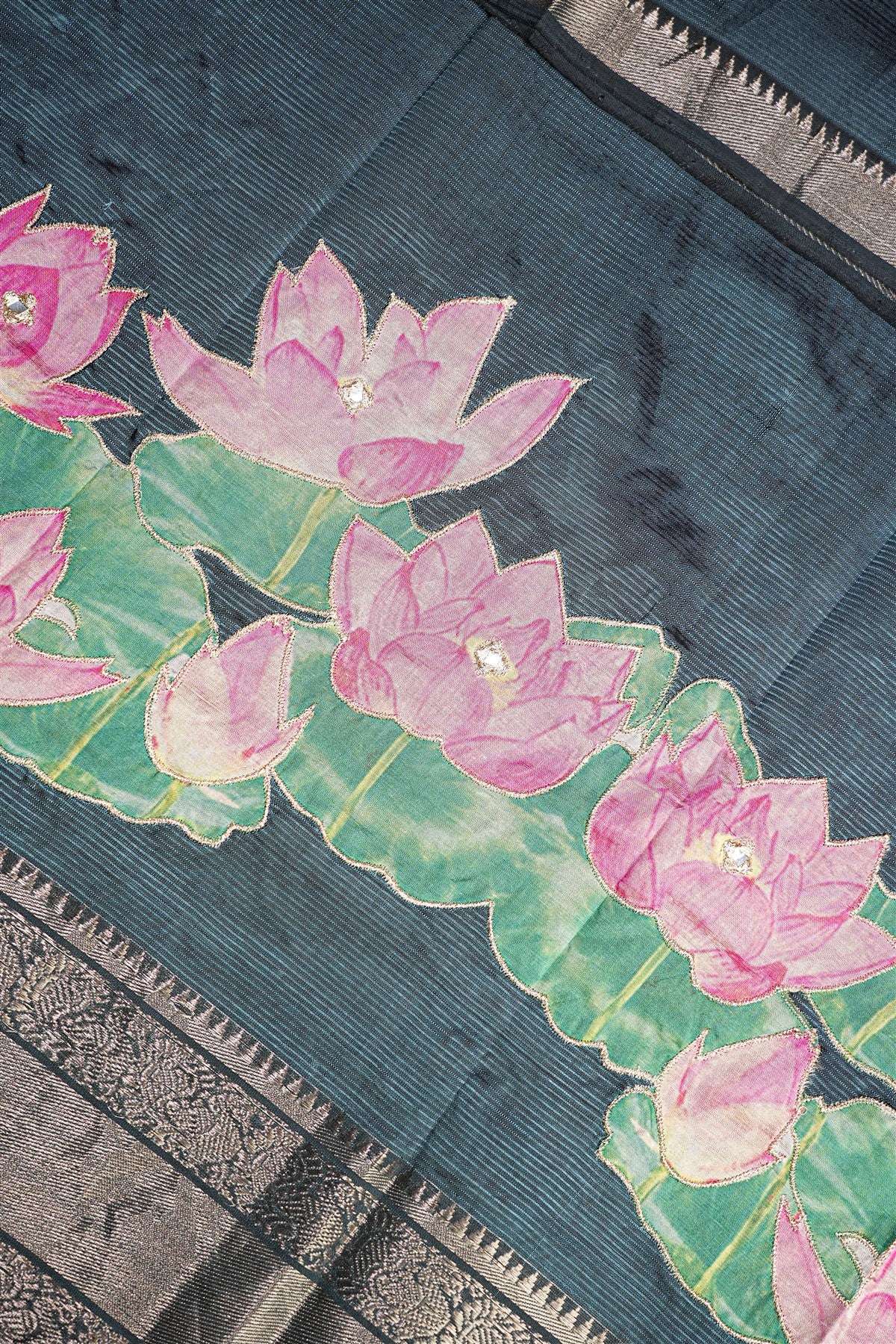 Chanderi Grey Lotus Painted  Dress Material