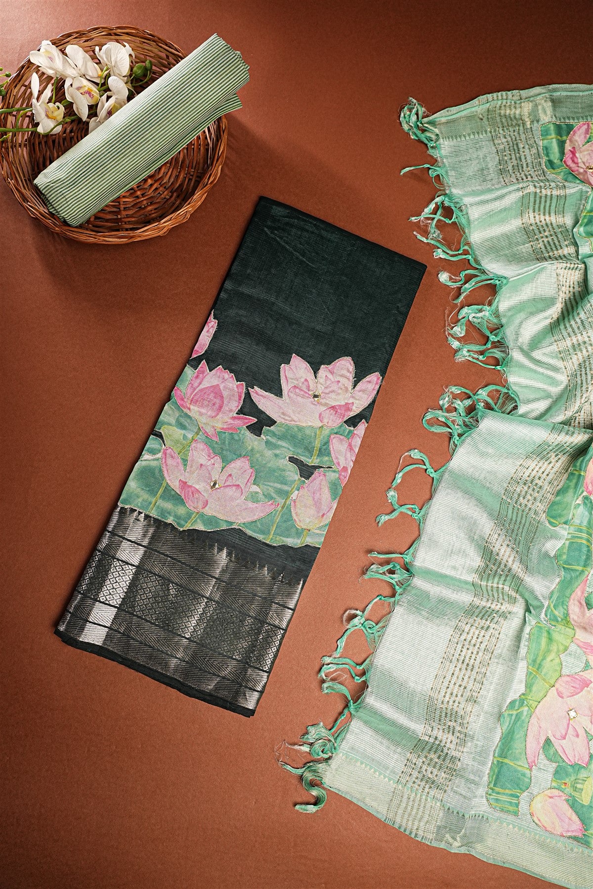 Chanderi Dark Green Lotus Painted Dress Material