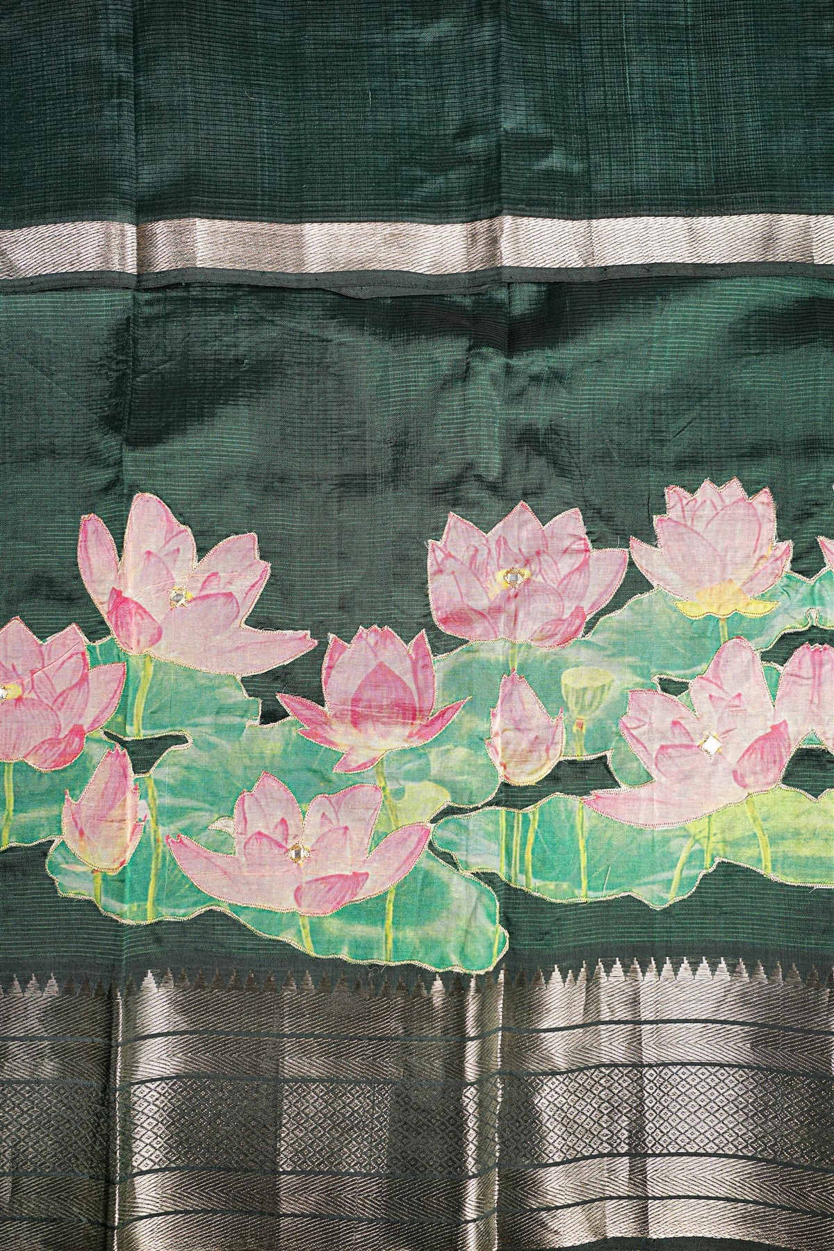 Chanderi Dark Green Lotus Painted Dress Material