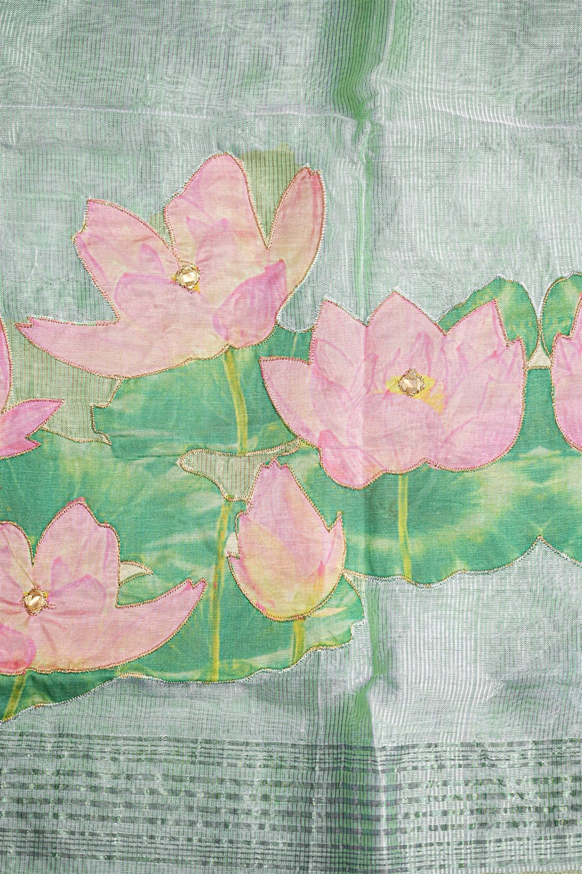 Chanderi Dark Green Lotus Painted Dress Material