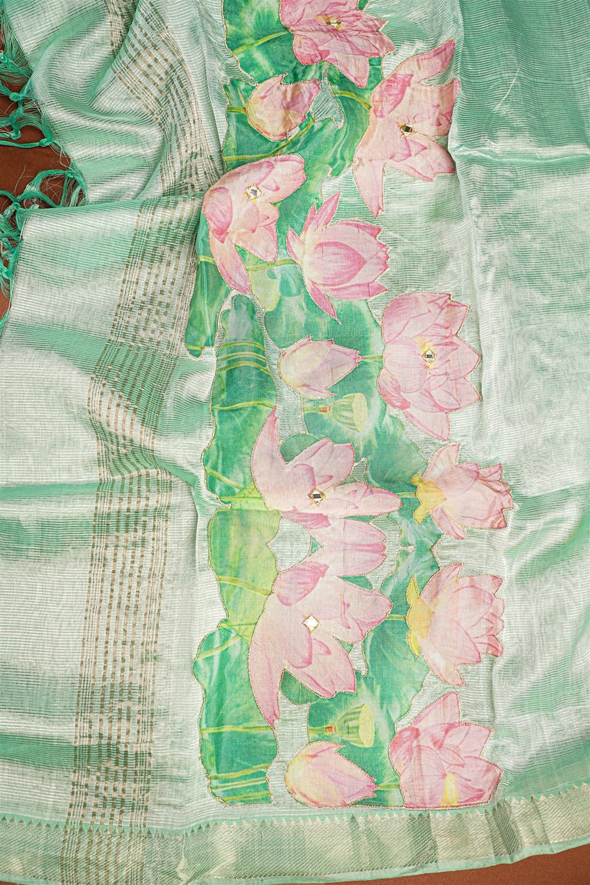 Chanderi Dark Green Lotus Painted Dress Material