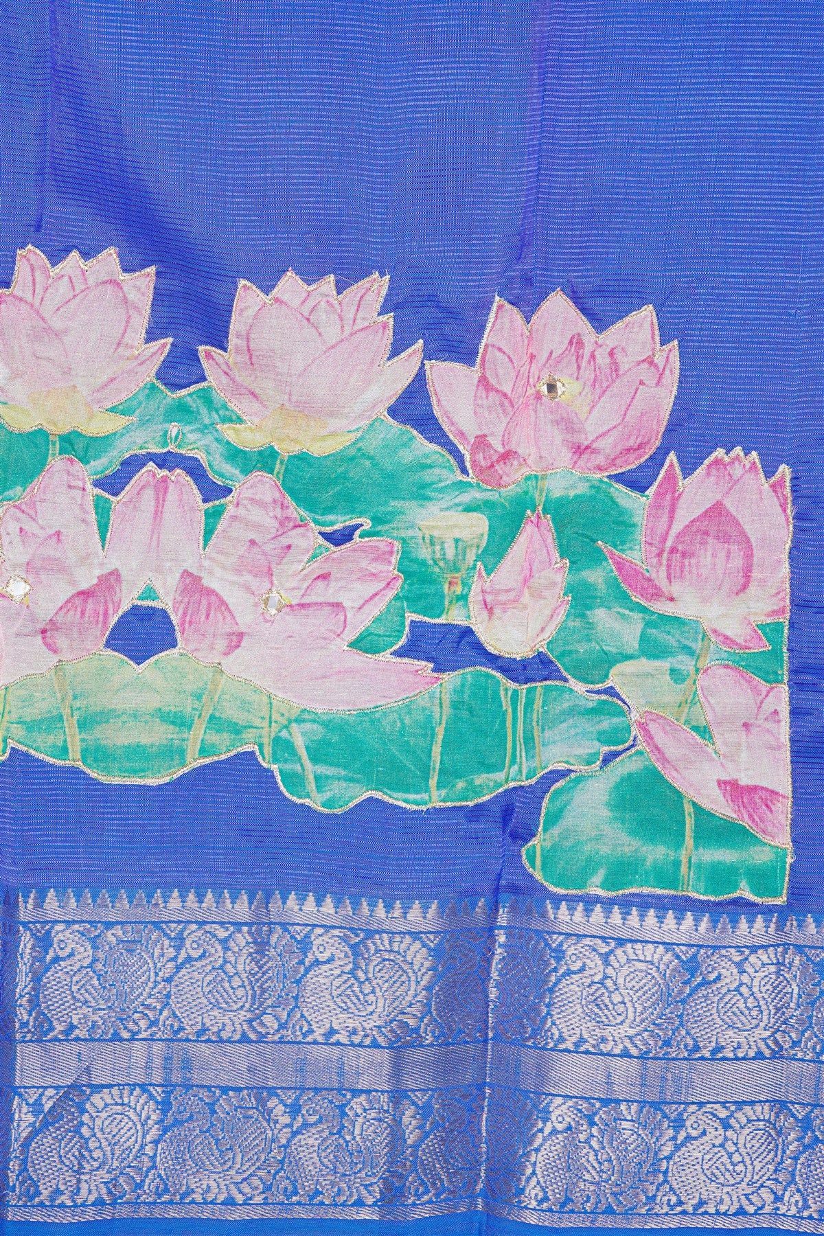 Chanderi Blue Lotus Painted Dress Material