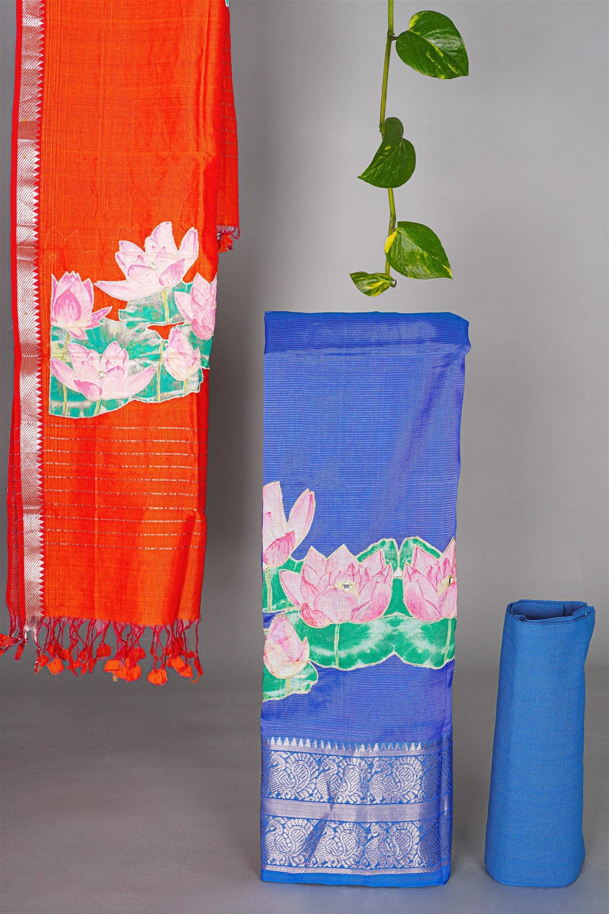 Chanderi Blue Lotus Painted Dress Material