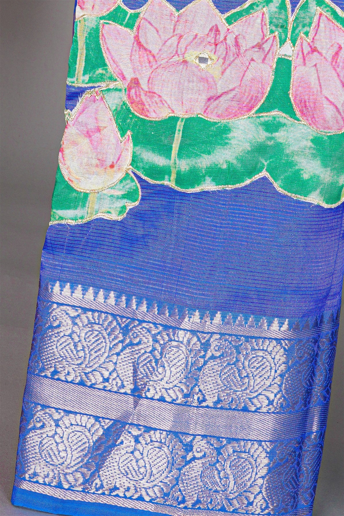 Chanderi Blue Lotus Painted Dress Material