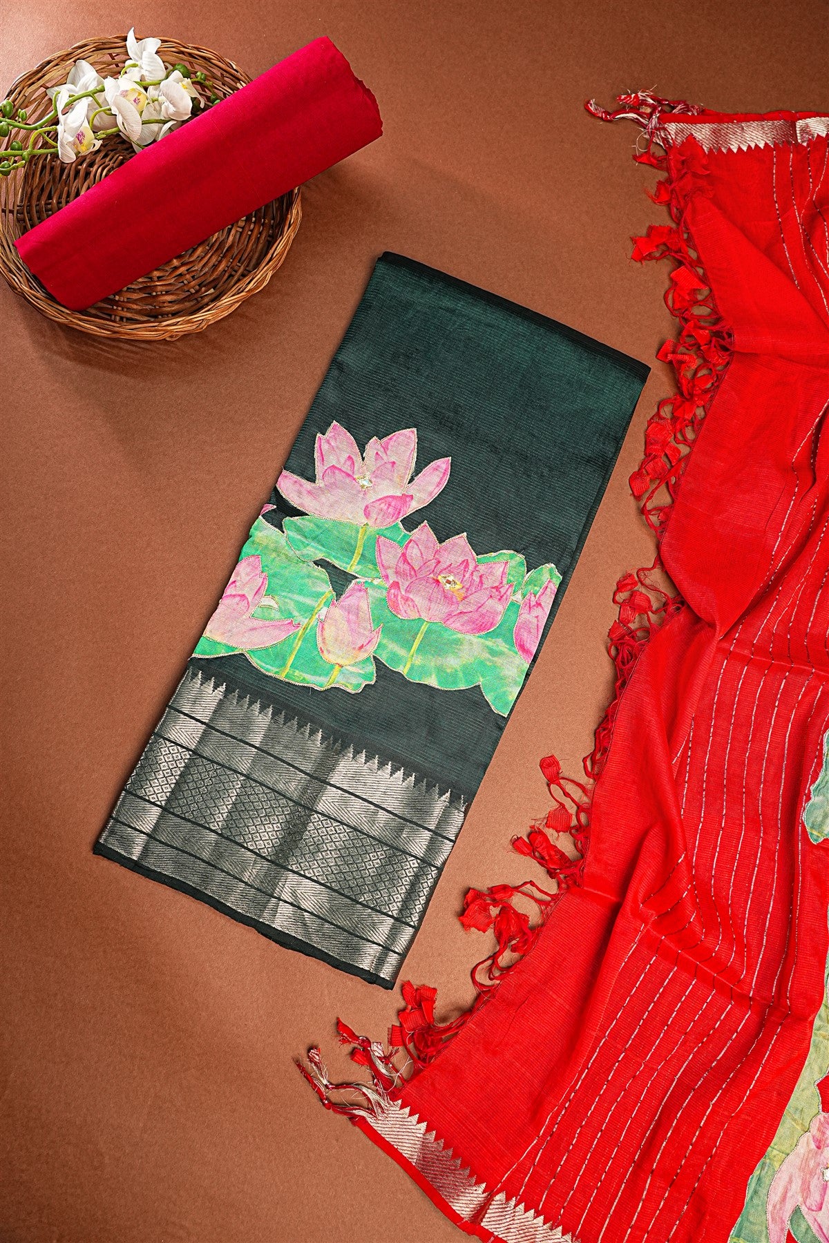 Chanderi Dark Green Lotus Painted Dress Material
