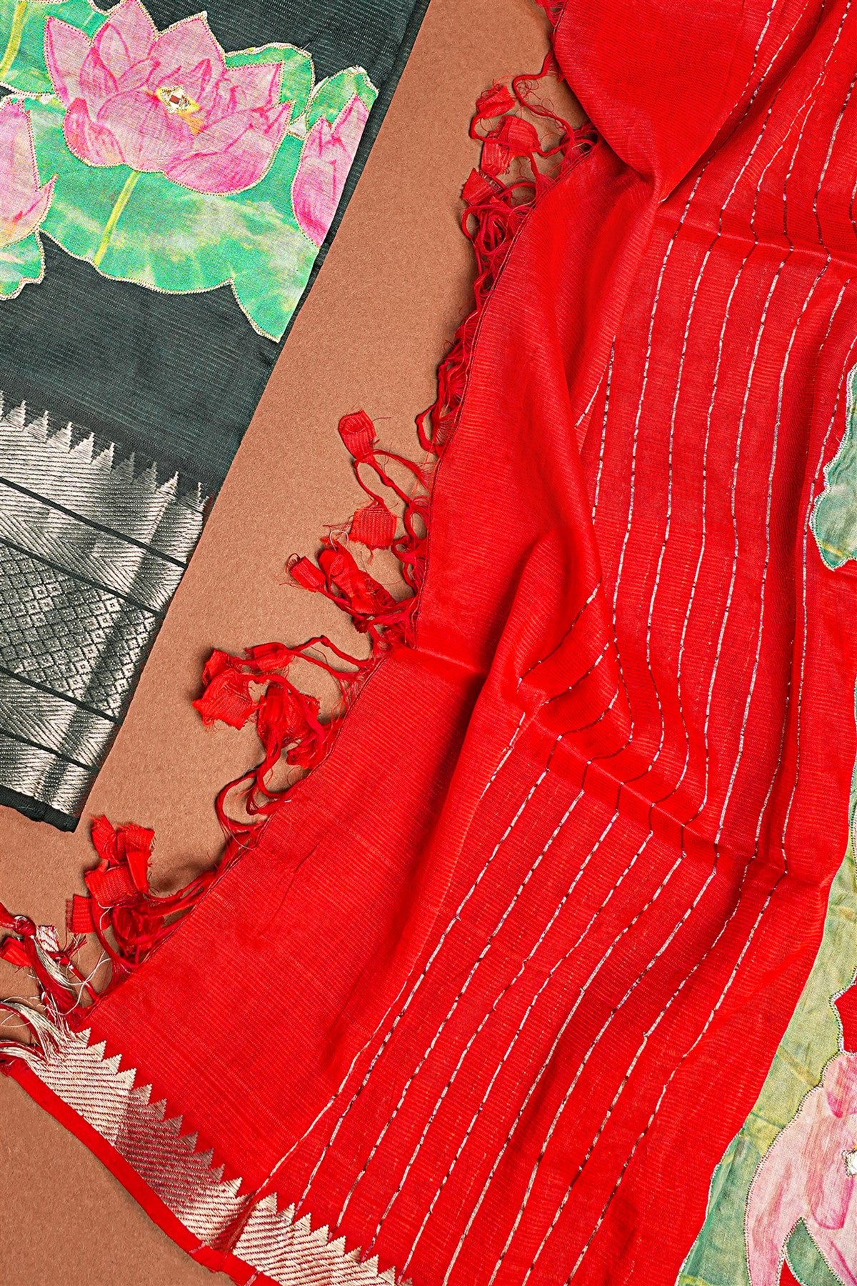 Chanderi Dark Green Lotus Painted Dress Material