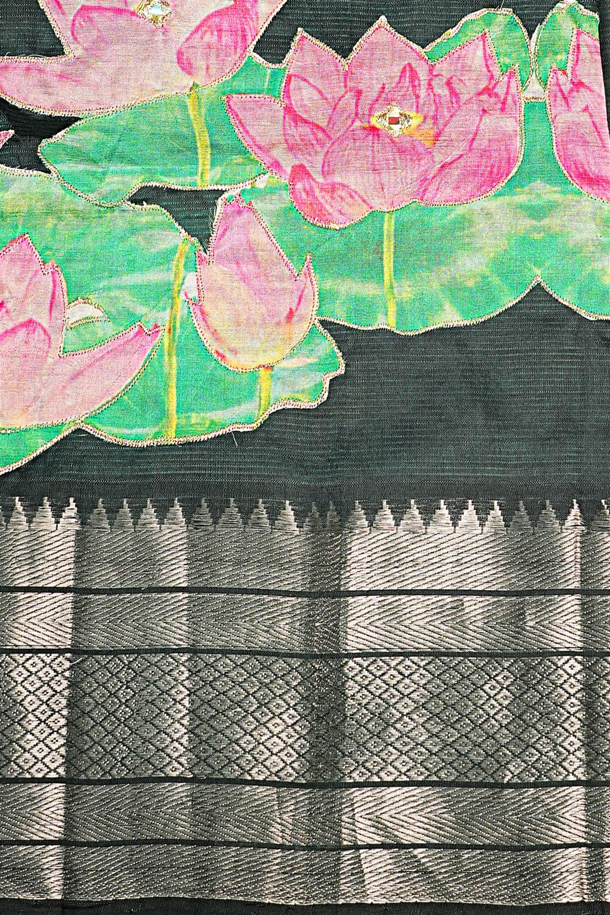 Chanderi Dark Green Lotus Painted Dress Material