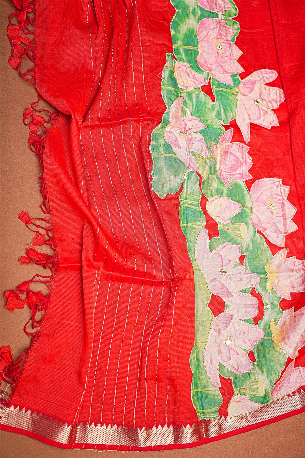 Chanderi Dark Green Lotus Painted Dress Material