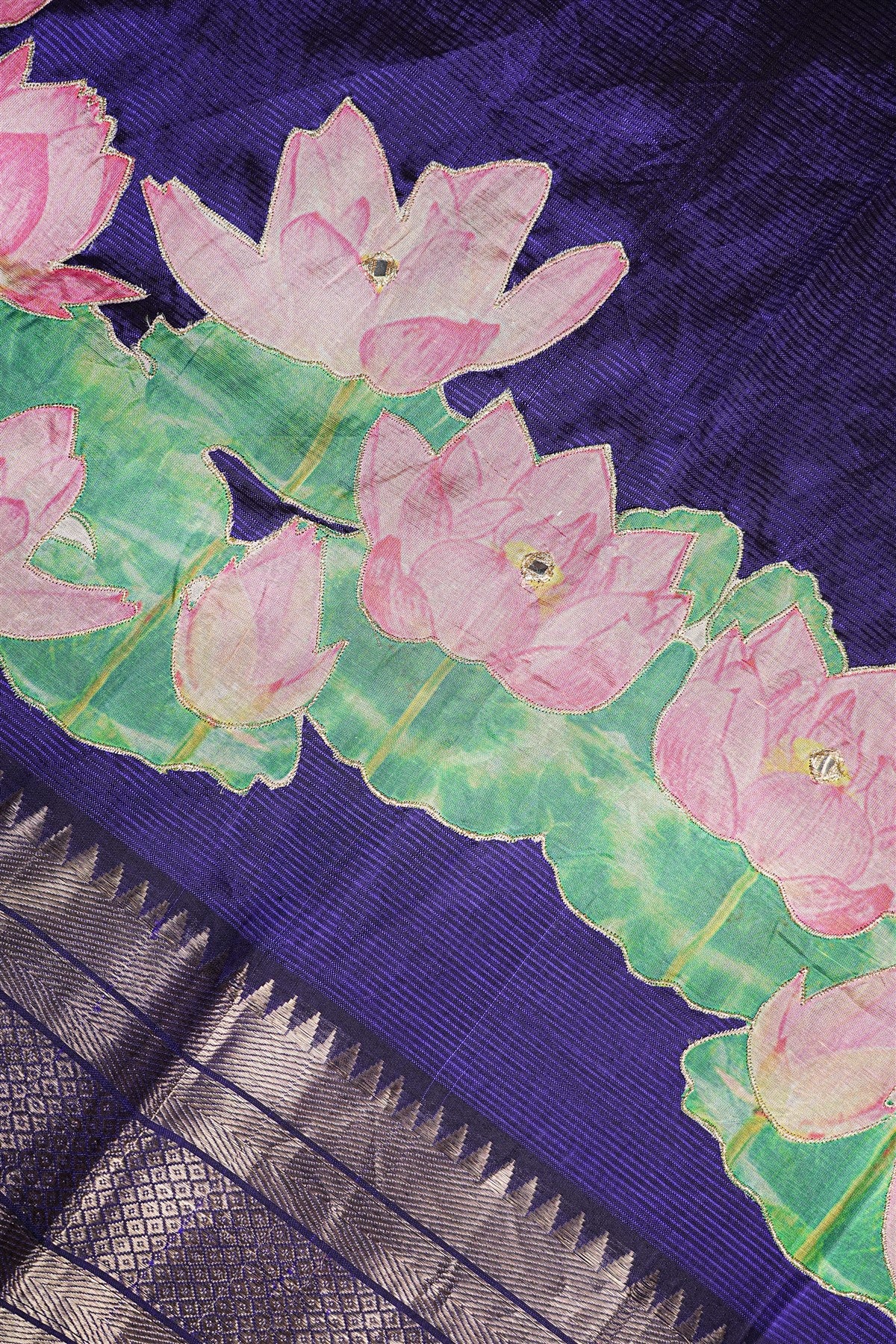 Chanderi Blue Lotus Painted Dress Material