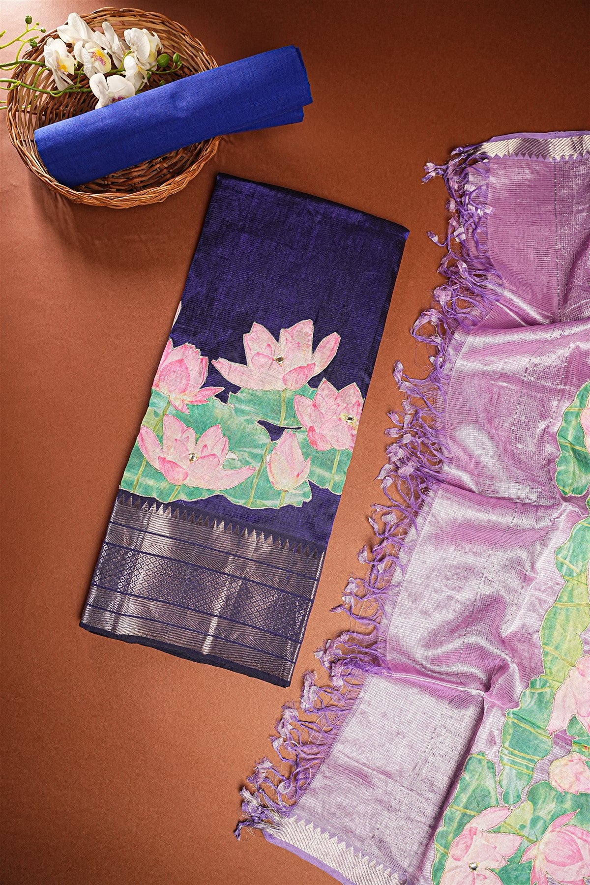 Chanderi Blue Lotus Painted Dress Material