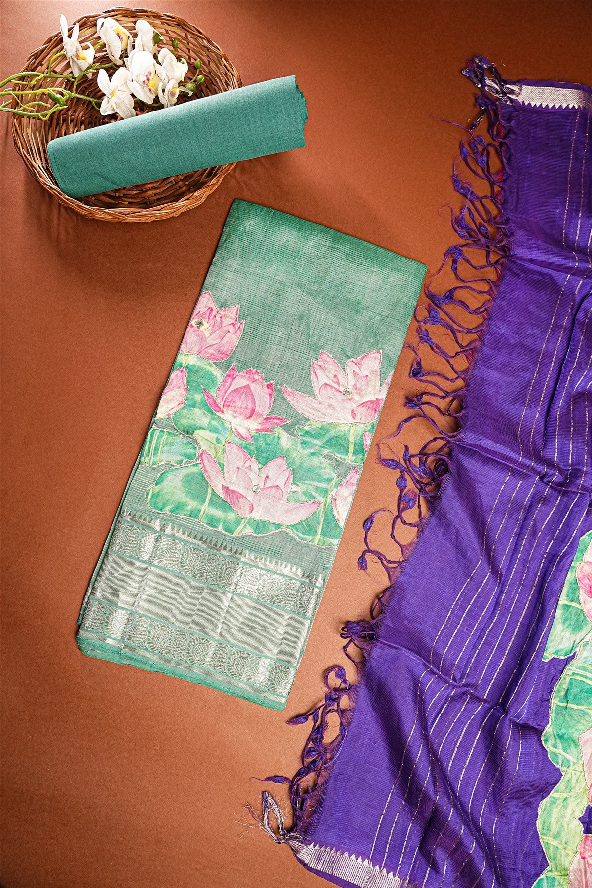 Chanderi Patch Work Sea Green Dress Material