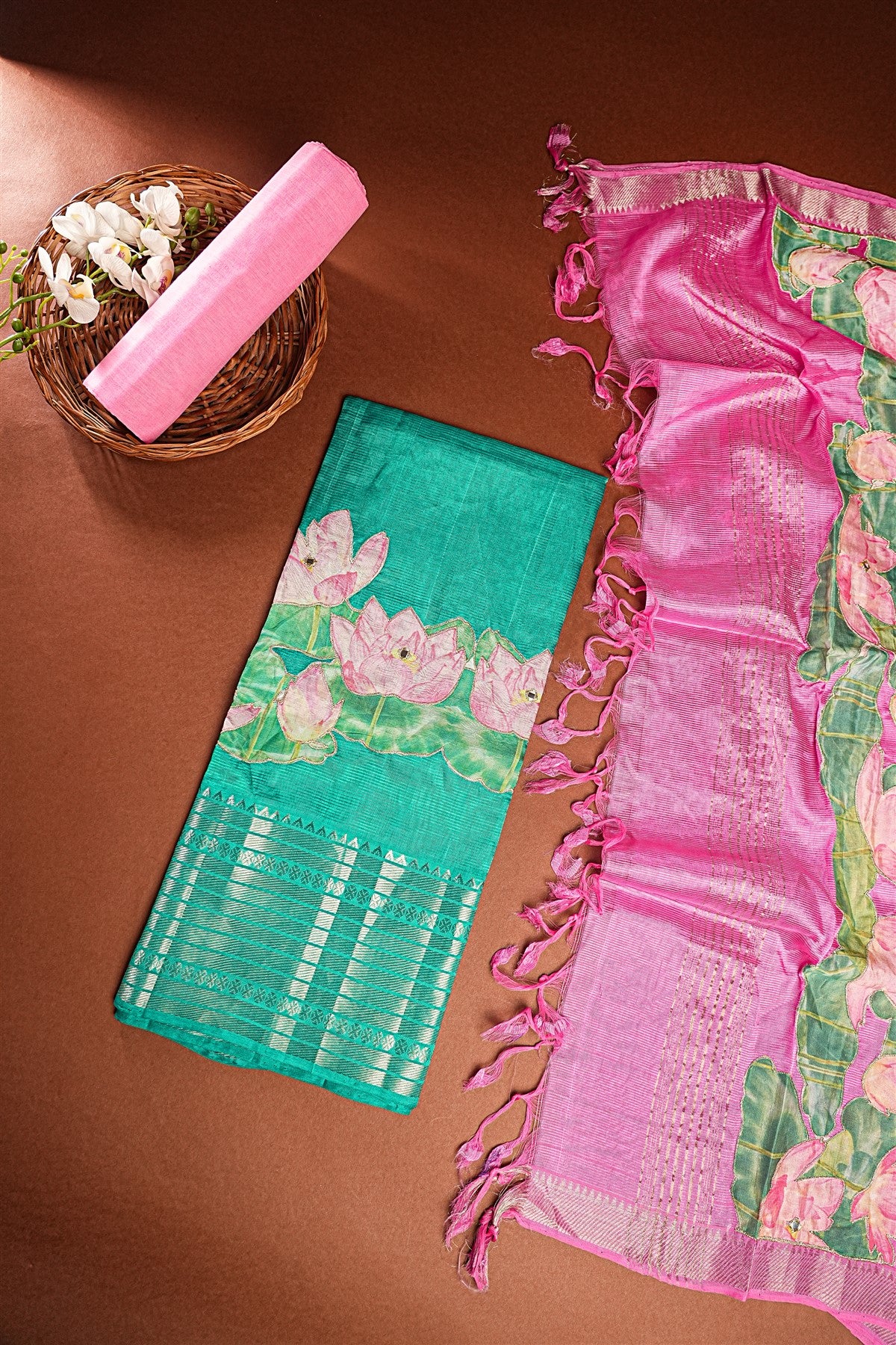 Chanderi Patch Work Sea Green Dress Material