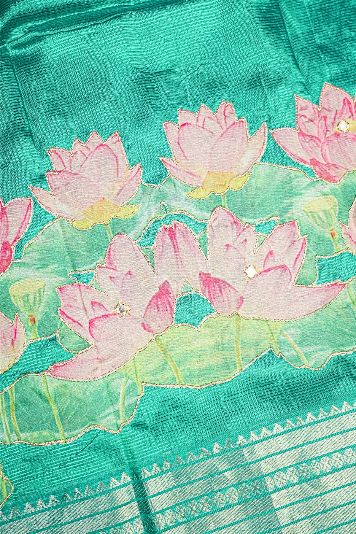 Chanderi Patch Work Sea Green Dress Material