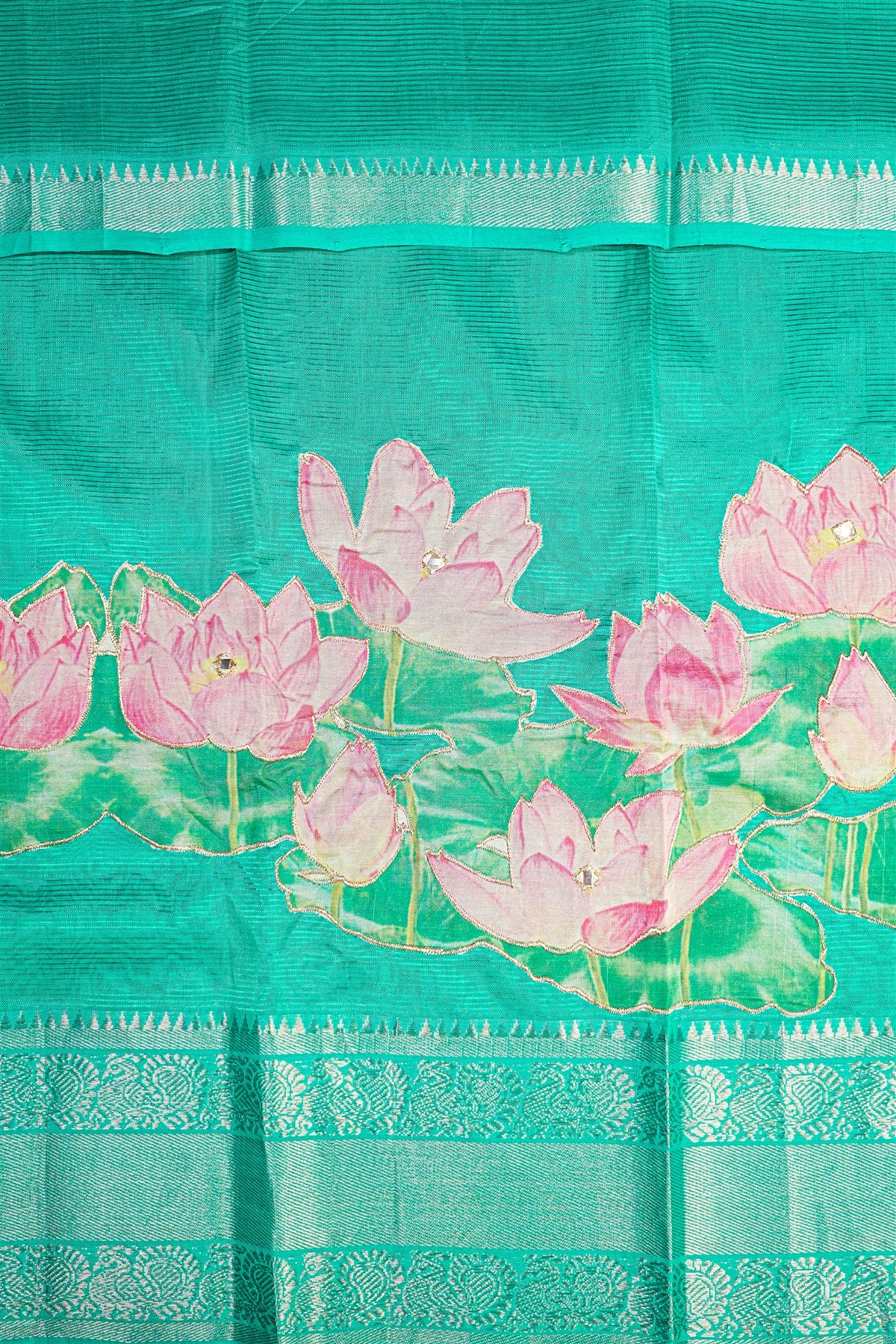 Chanderi Sea Green Lotus Painted Dress Material