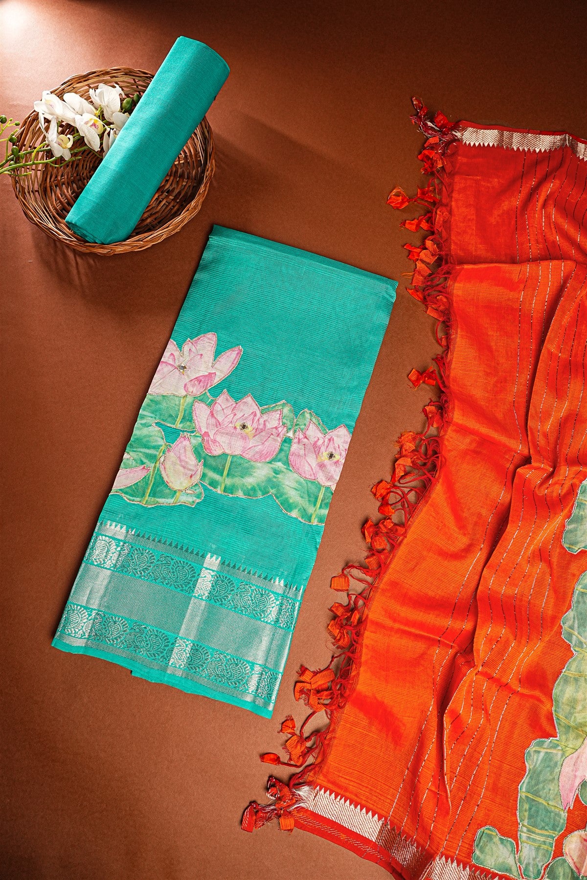 Chanderi Sea Green Lotus Painted Dress Material