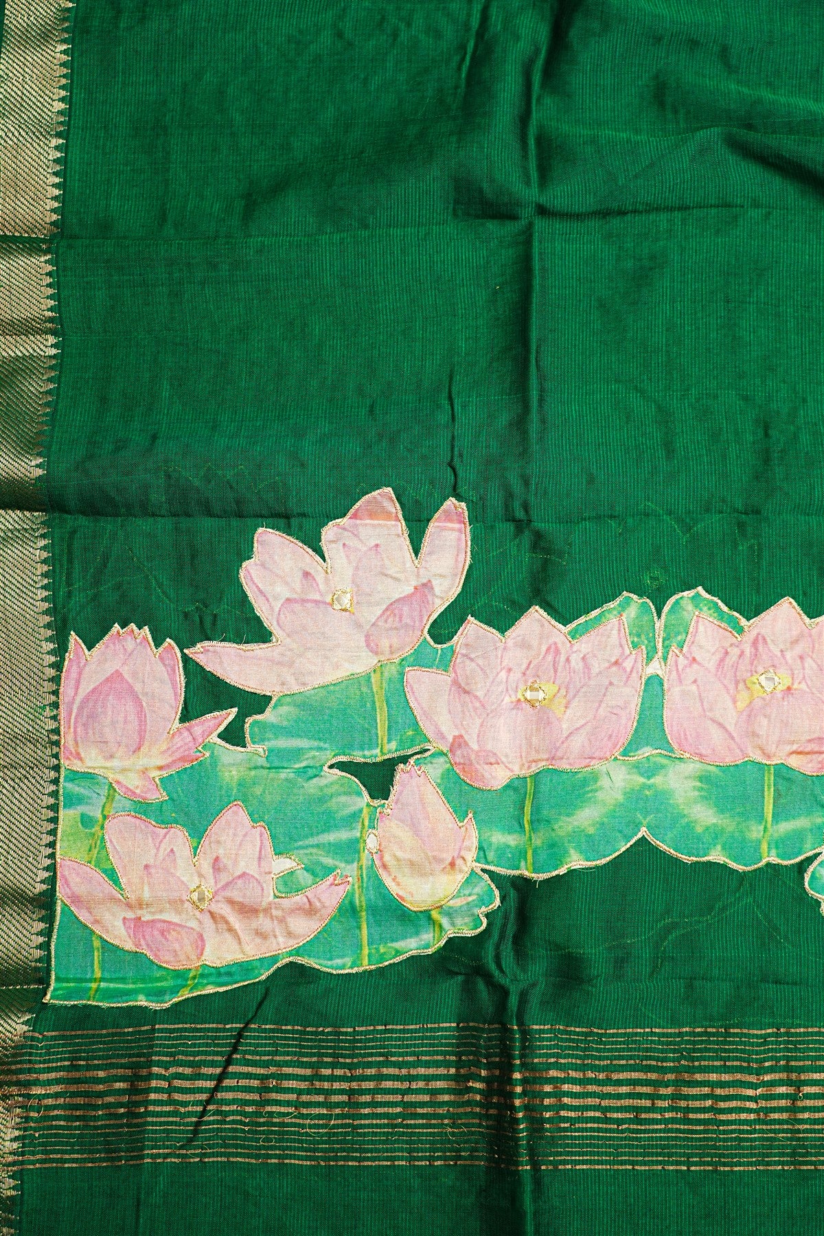 Chanderi Beige Lotus Painted Dress Material
