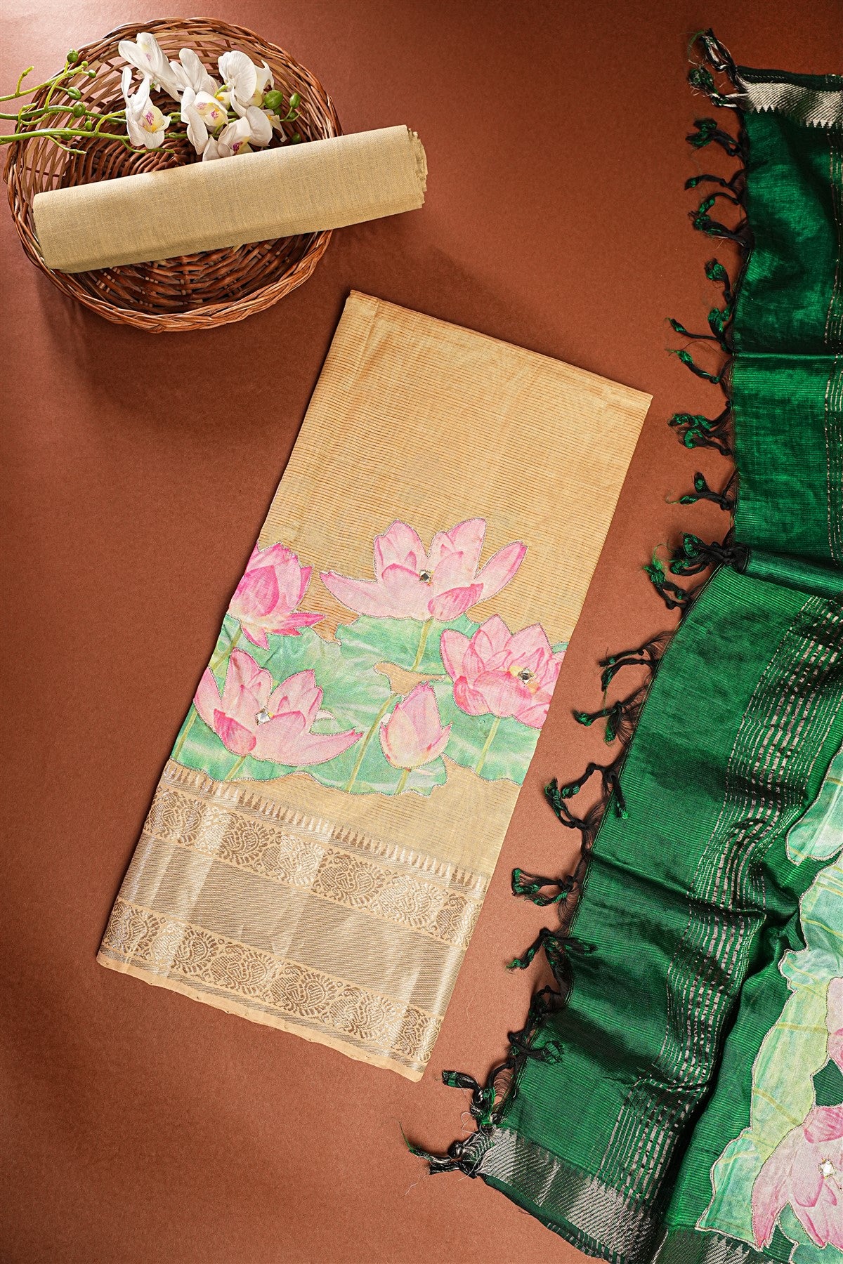 Chanderi Patch Work Cream Dress Material