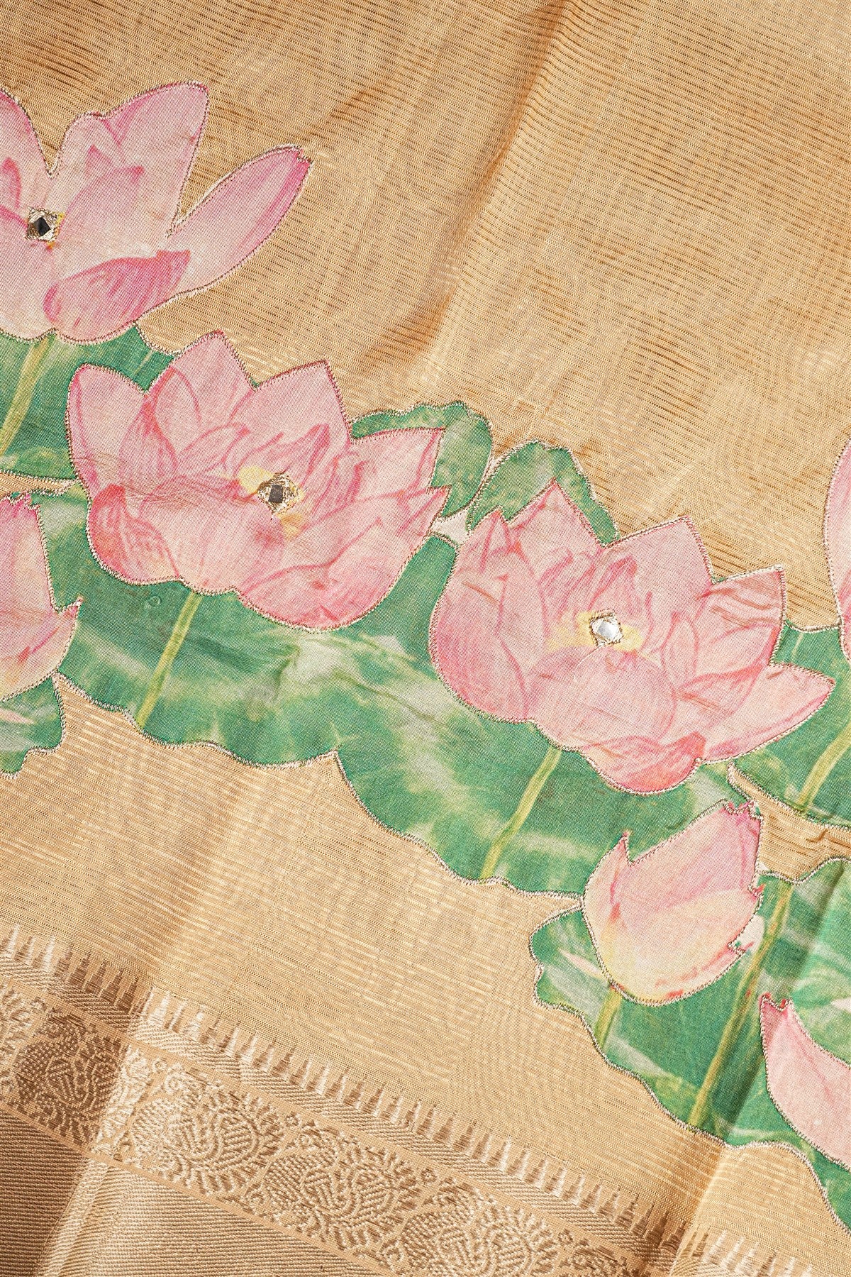 Chanderi Beige Lotus Painted Dress Material